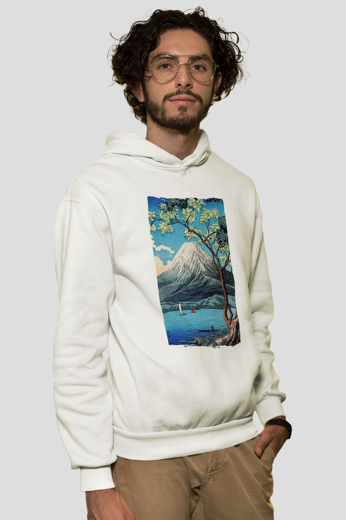 Fuji Dağı Beyaz Unisex Hoodie
