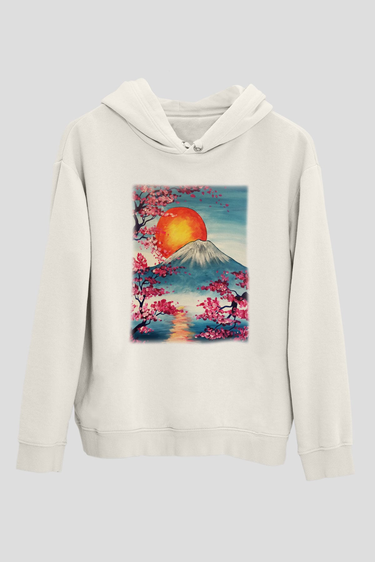 Fuji Dağı Beyaz Unisex Kapşonlu Sweatshirt