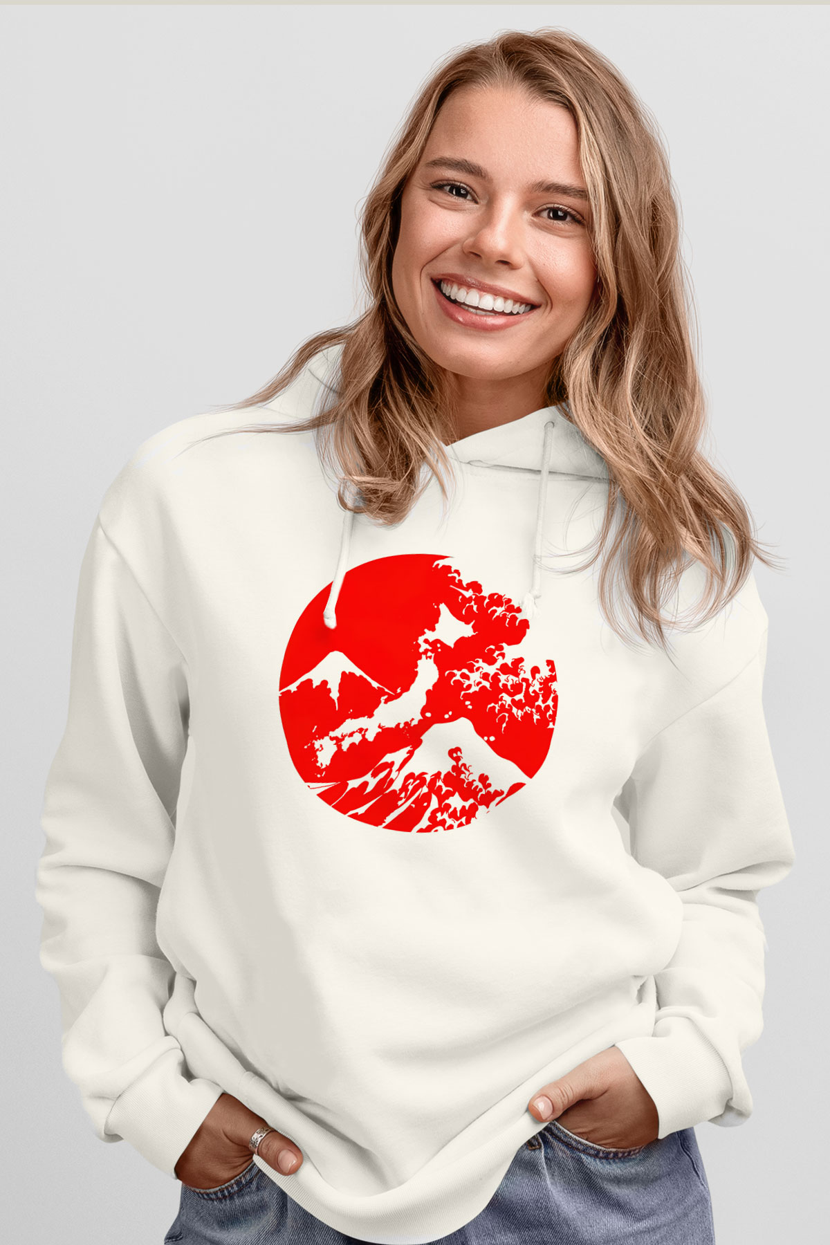 Fuji Dağı Beyaz Unisex Kapşonlu Sweatshirt