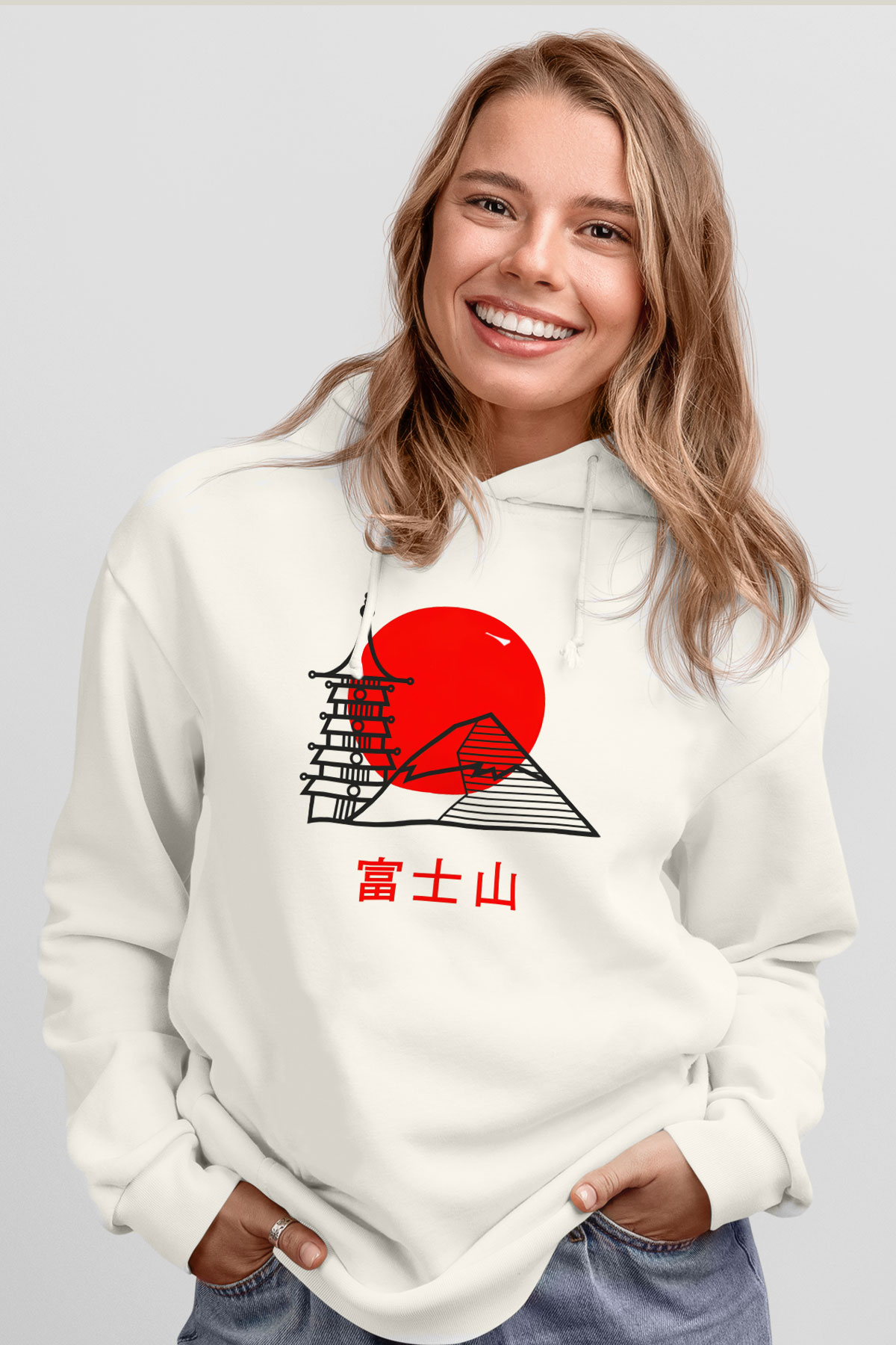 Fuji Dağı Beyaz Unisex Kapşonlu Sweatshirt