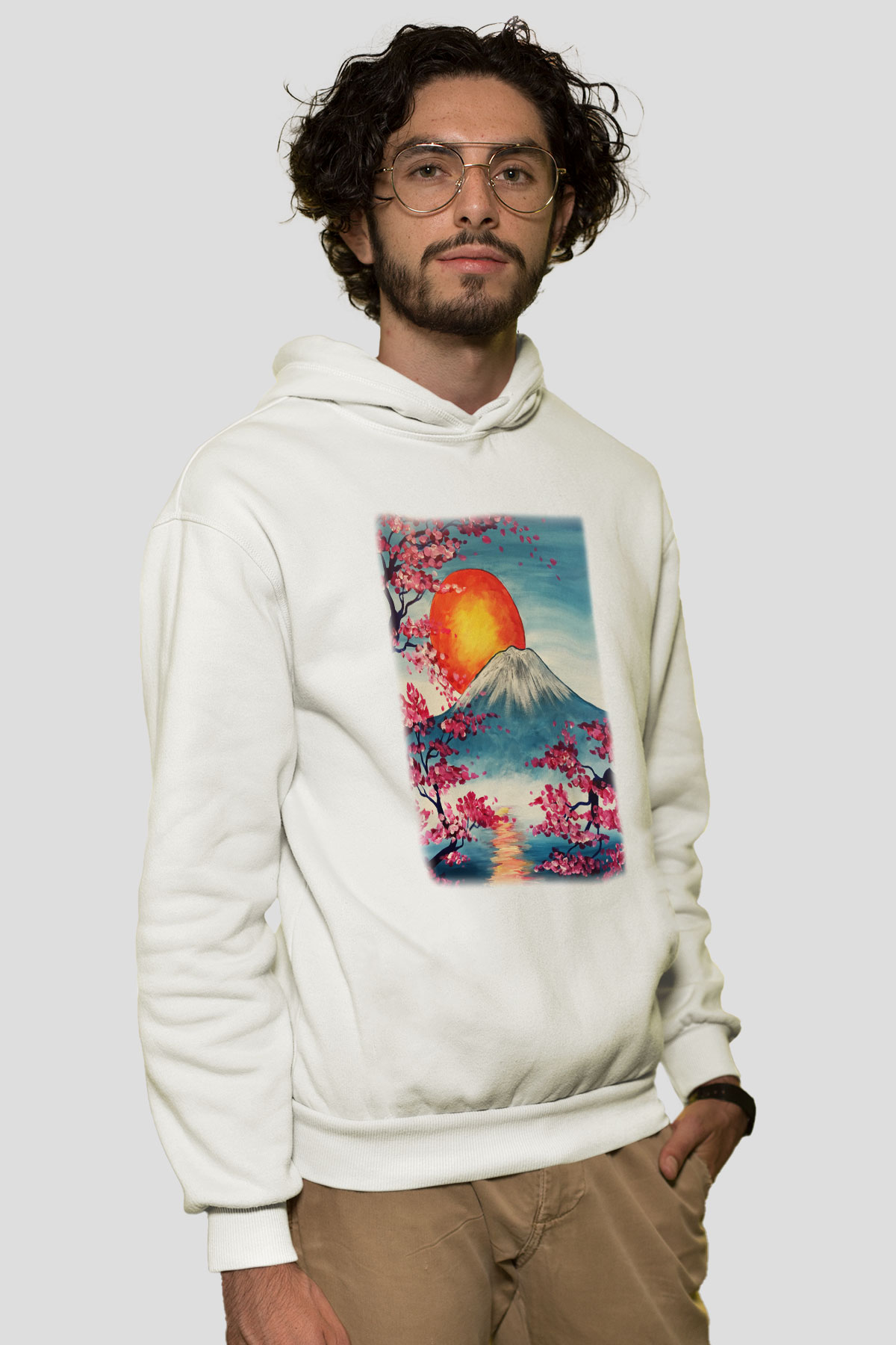 Fuji Dağı Beyaz Unisex Kapşonlu Sweatshirt