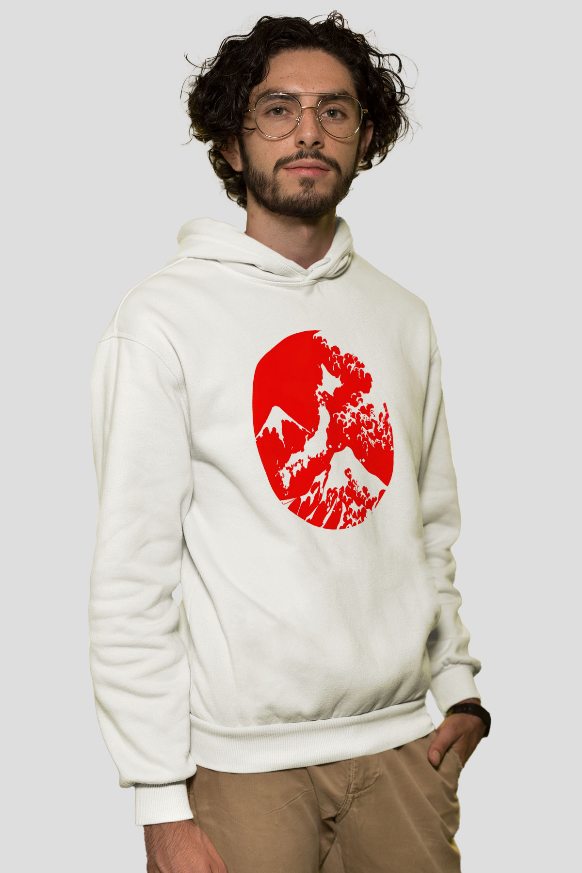 Fuji Dağı Beyaz Unisex Kapşonlu Sweatshirt