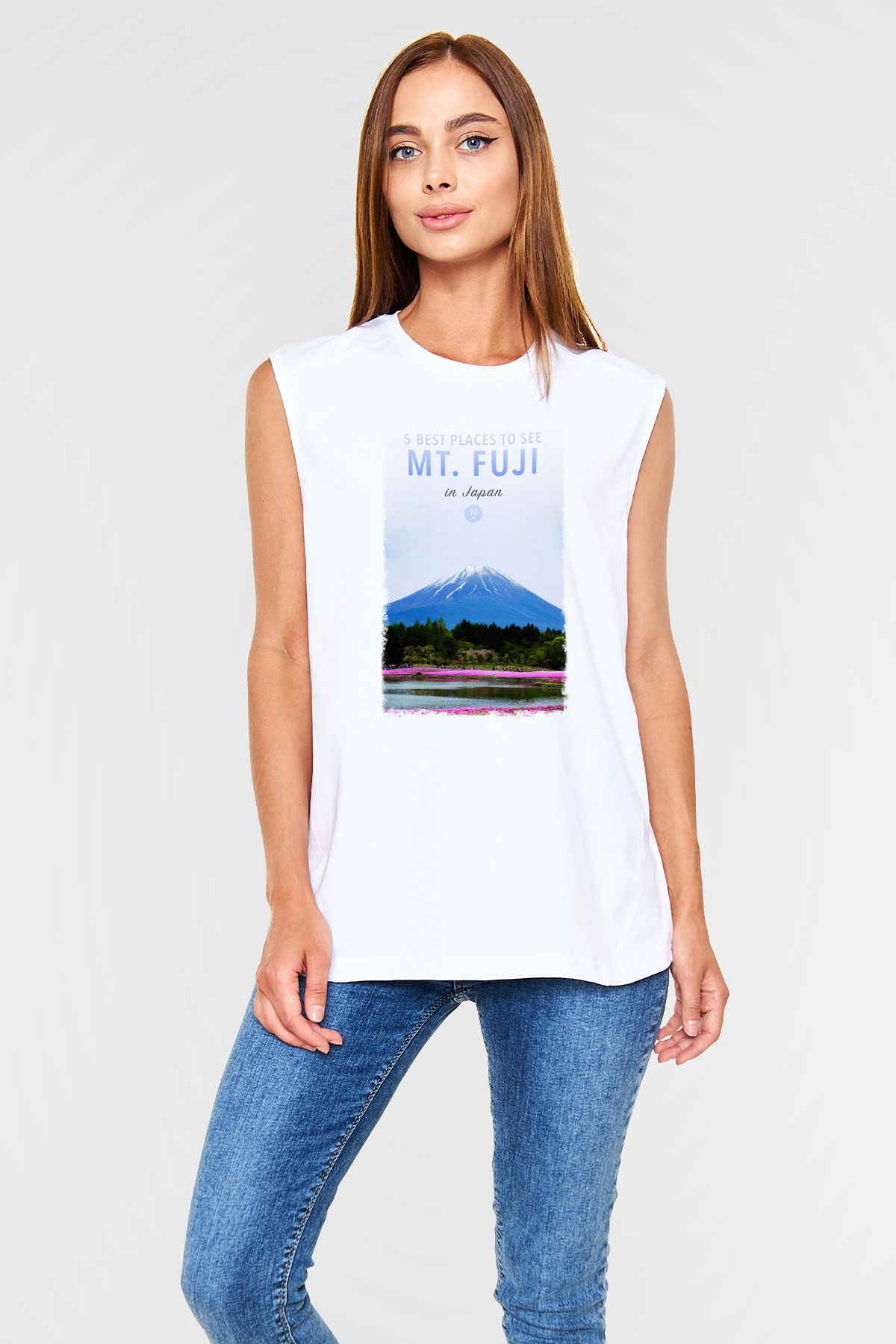 Fuji Dağı Beyaz Unisex Kolsuz Tişört