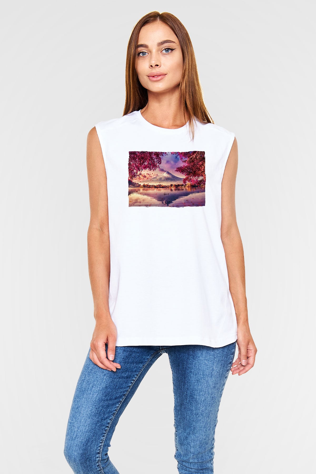 Fuji Dağı Beyaz Unisex Kolsuz Tişört