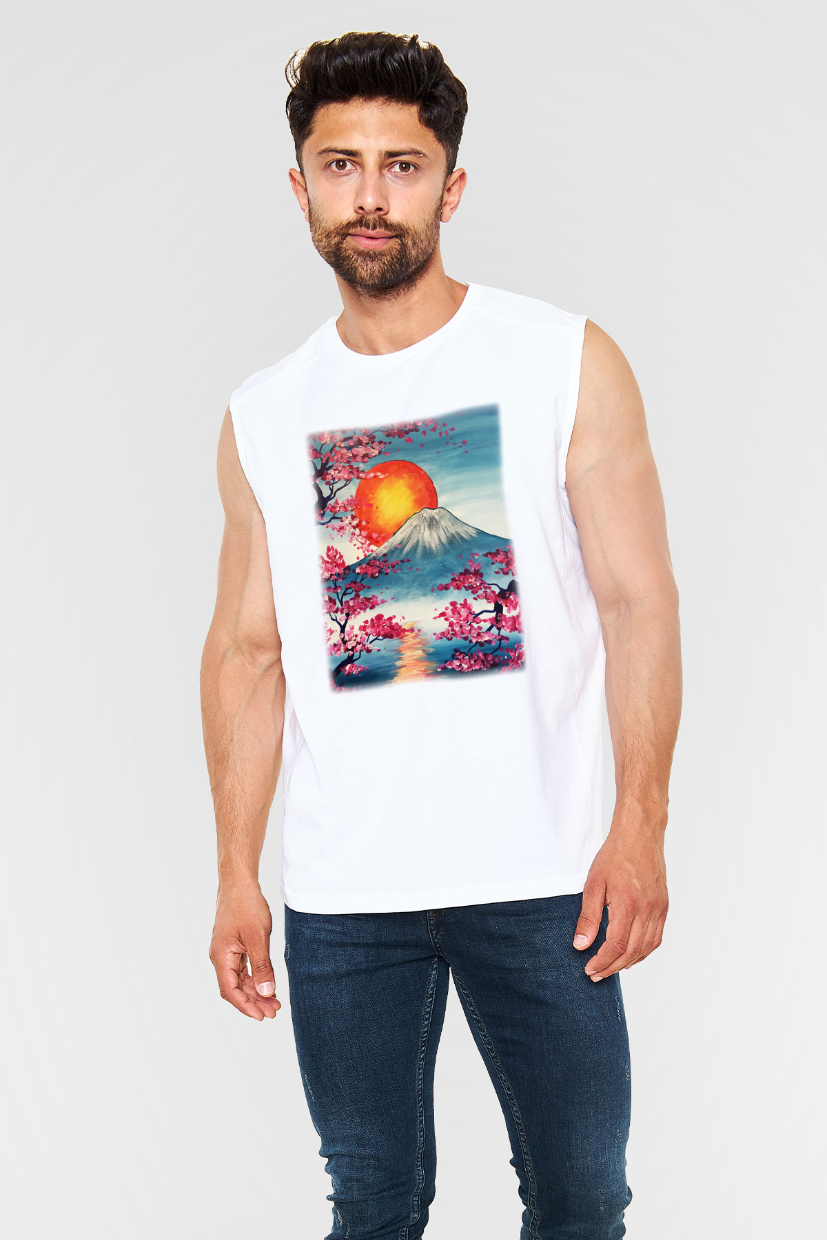 Fuji Dağı Beyaz Unisex Kolsuz Tişört