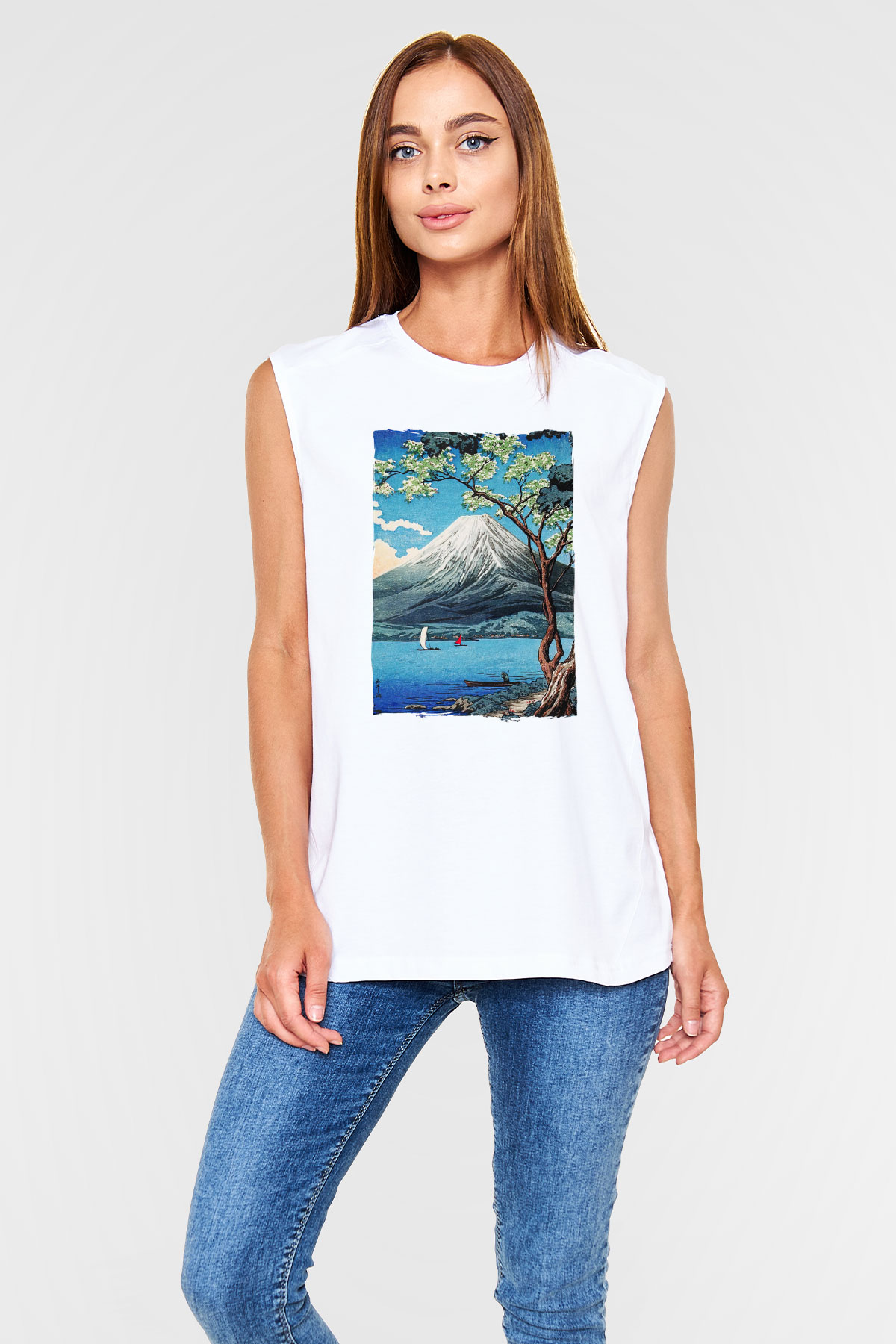 Fuji Dağı Beyaz Unisex Kolsuz Tişört