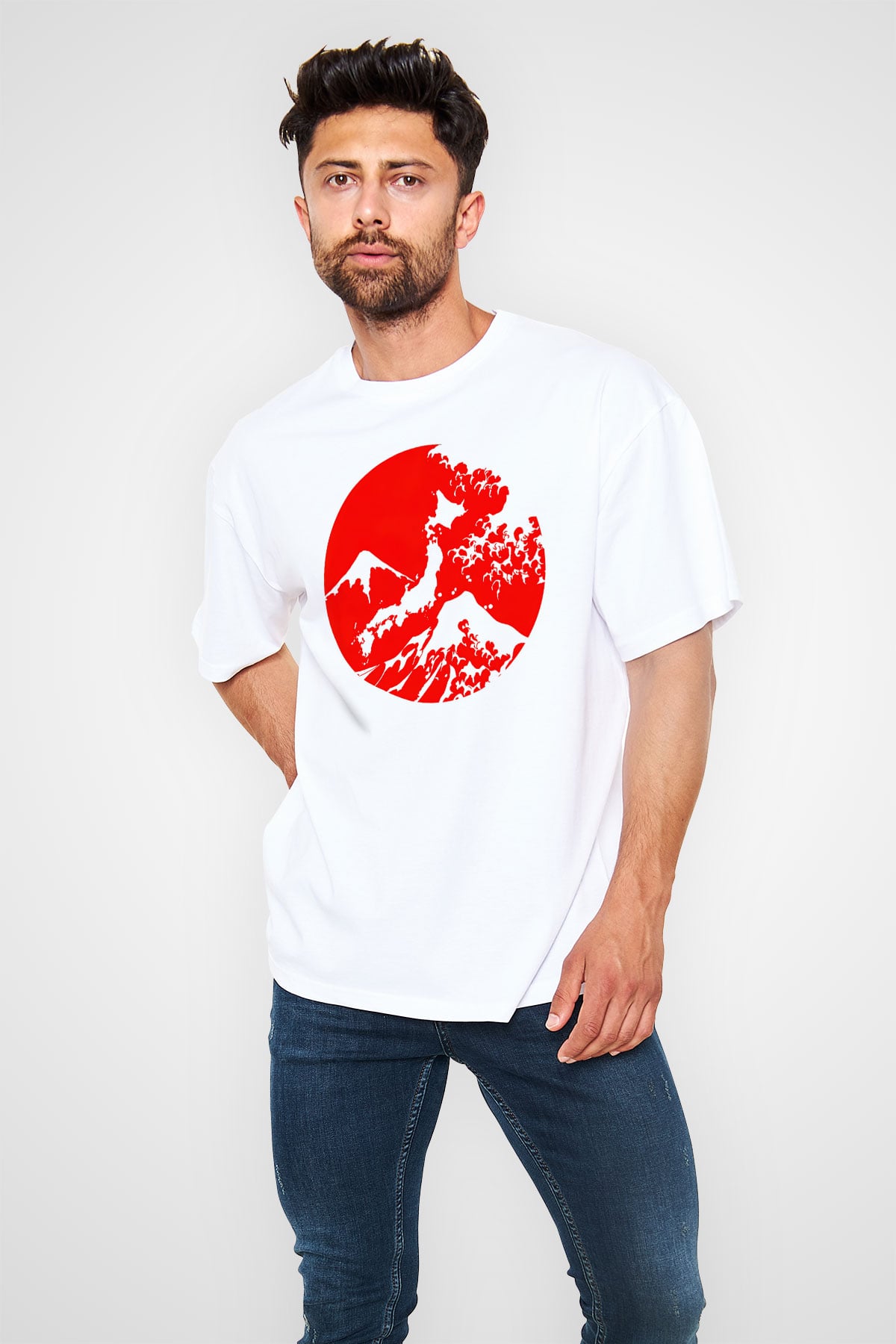 Fuji Dağı Beyaz Unisex Oversize Tişört T-Shirt