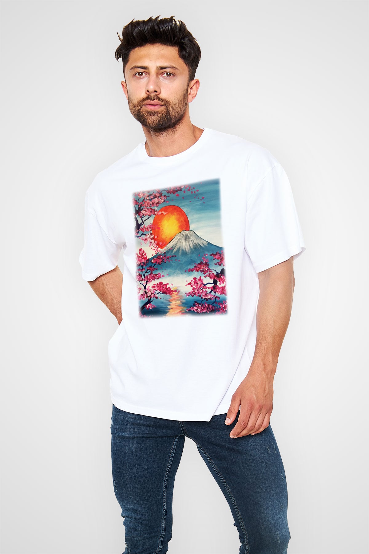 Fuji Dağı Beyaz Unisex Oversize Tişört T-Shirt