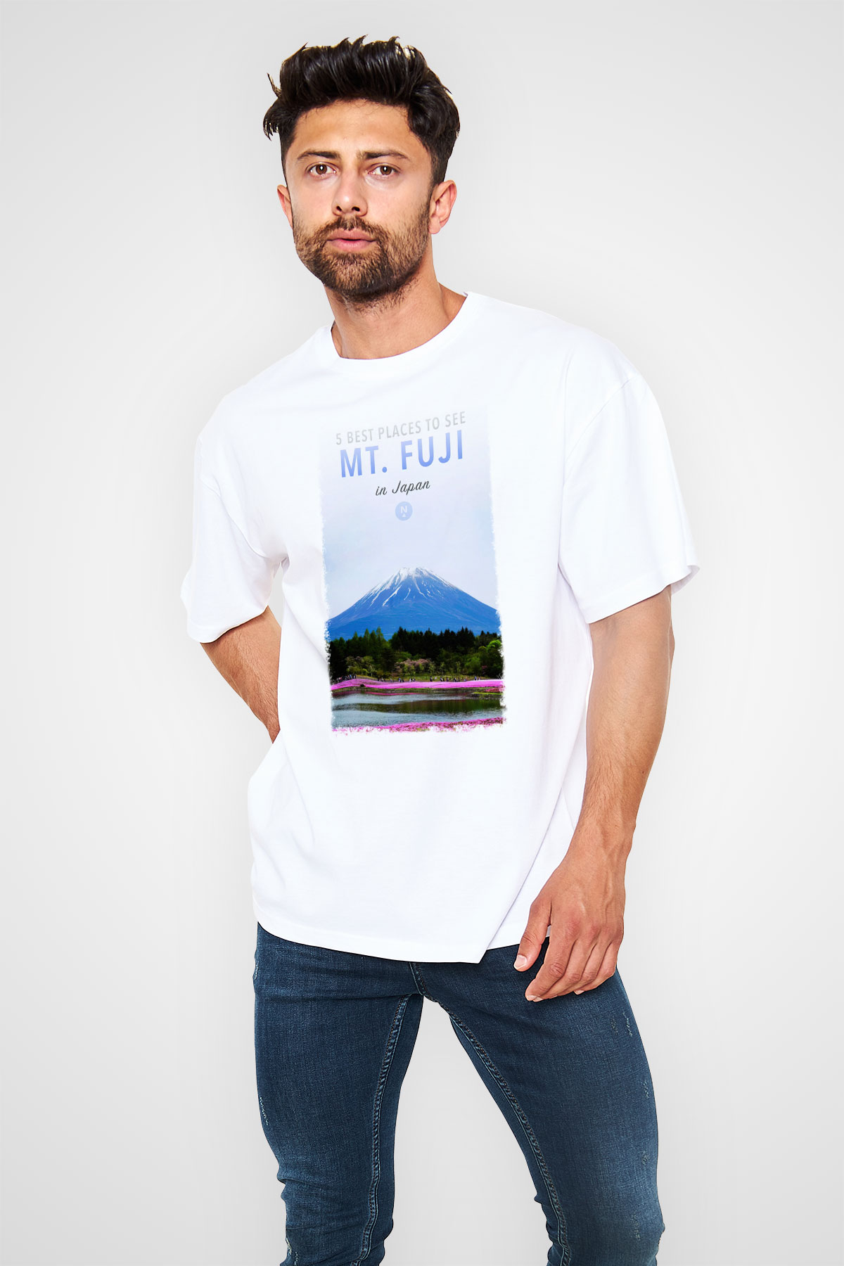 Fuji Dağı Beyaz Unisex Oversize Tişört T-Shirt