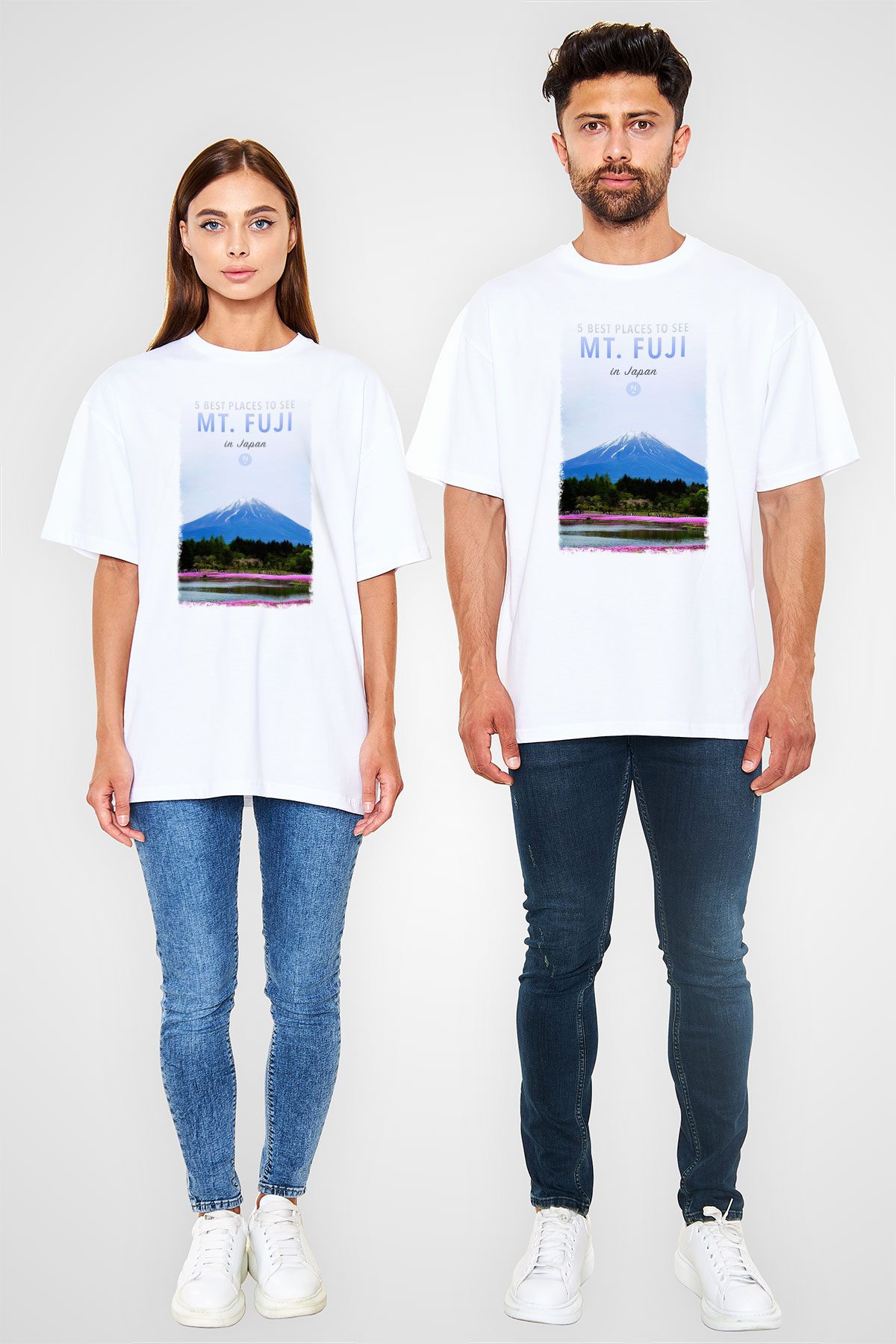 Fuji Dağı Beyaz Unisex Oversize Tişört T-Shirt