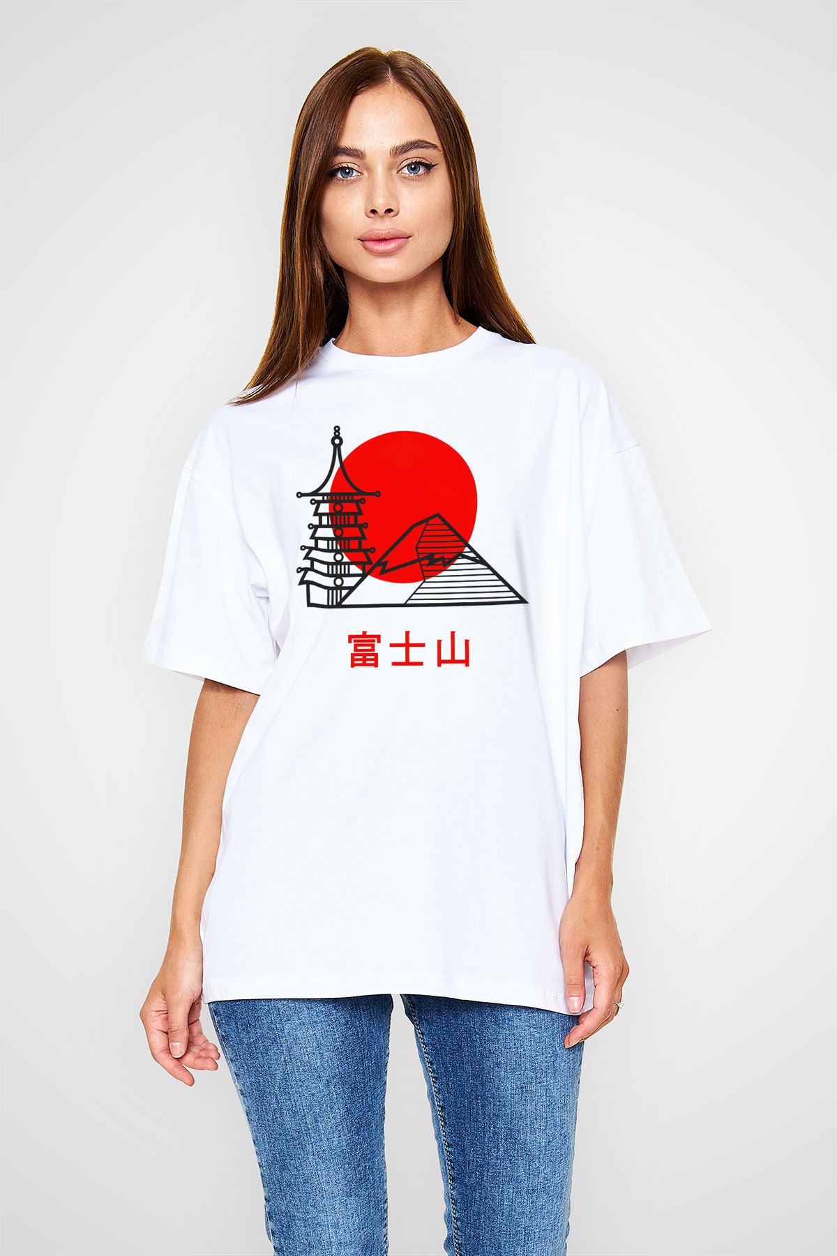 Fuji Dağı Beyaz Unisex Oversize Tişört T-Shirt