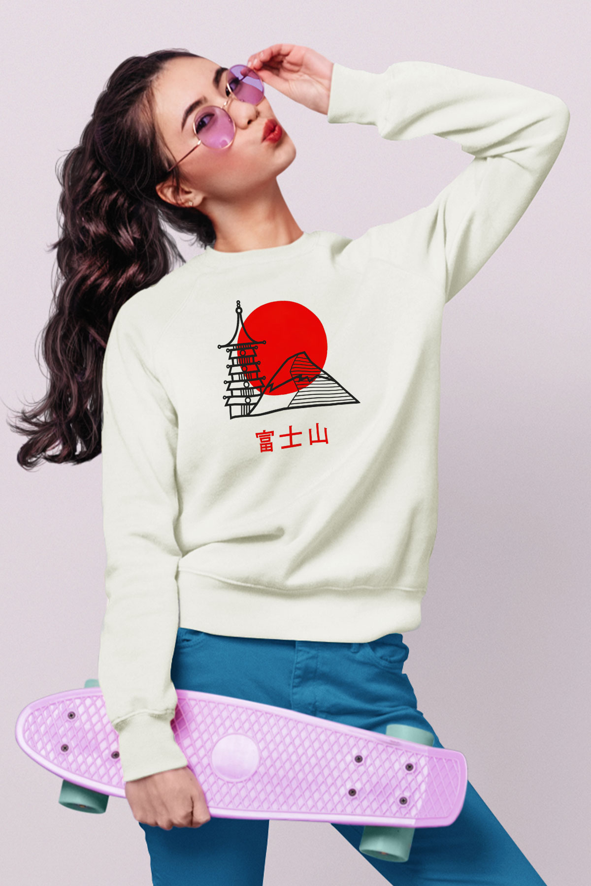 Fuji Dağı Beyaz Unisex Sweatshirt