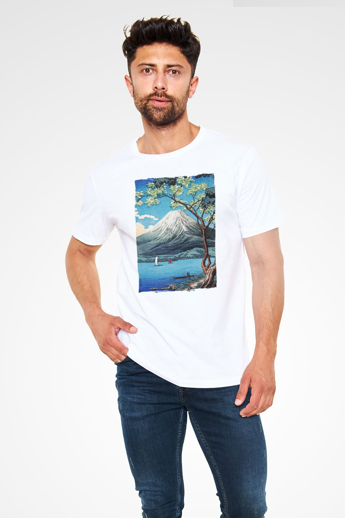 Fuji Dağı Beyaz Unisex Tişört T-Shirt - TişörtFabrikası