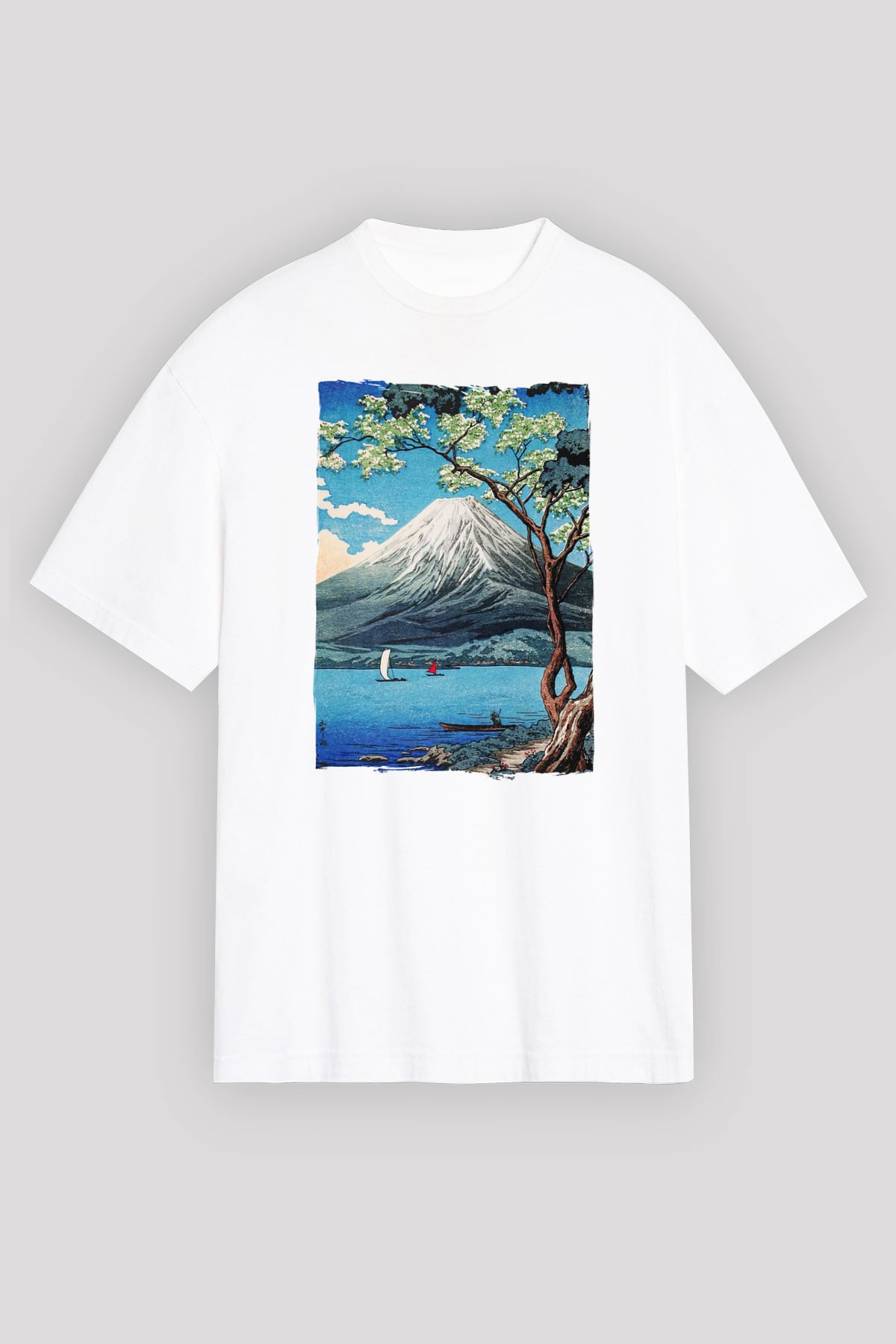 Fuji Dağı Beyaz Oversize Tişört Oversize T-shirt - TişörtFabrikası