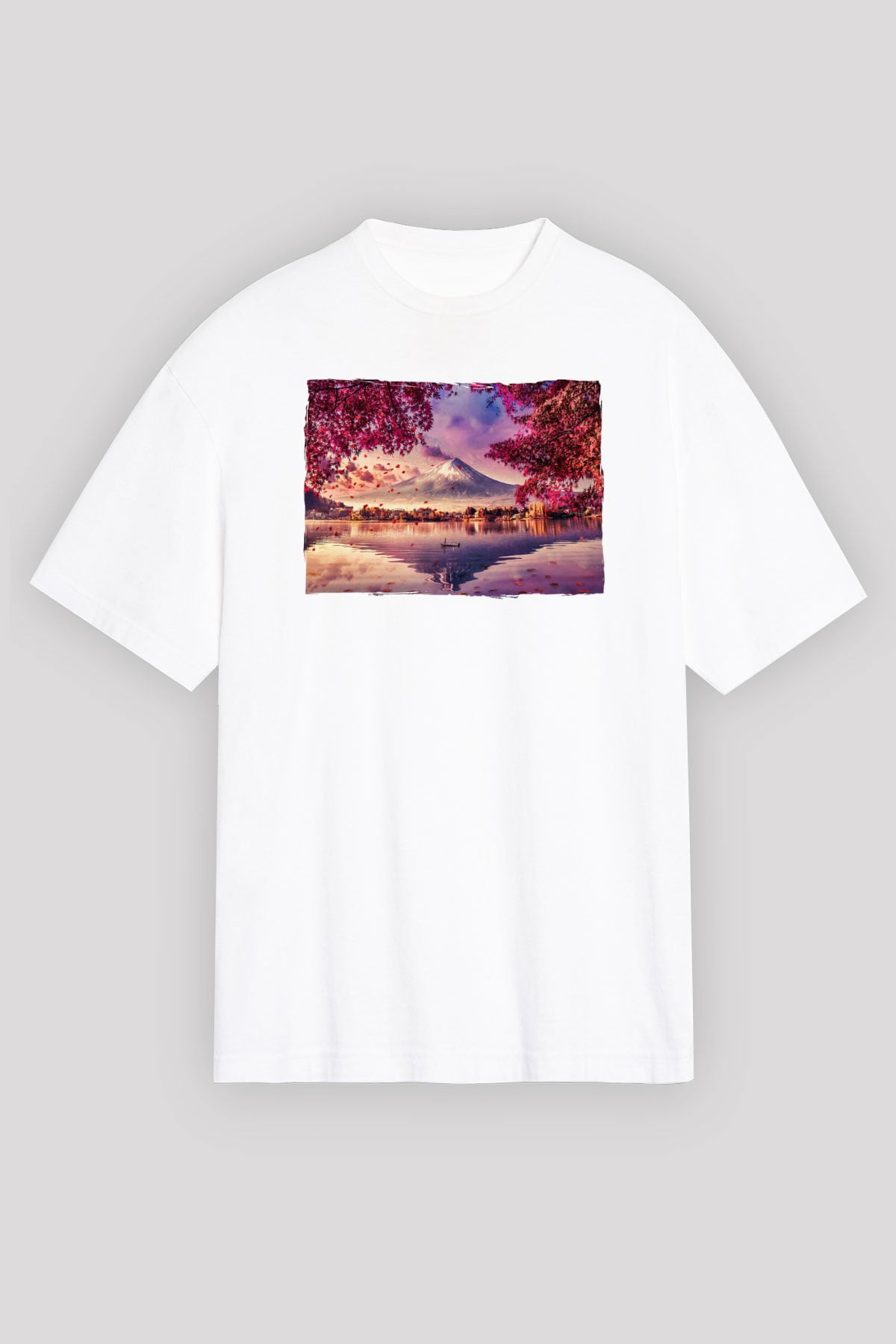Fuji Dağı Beyaz Oversize Tişört Oversize T-shirt - TişörtFabrikası