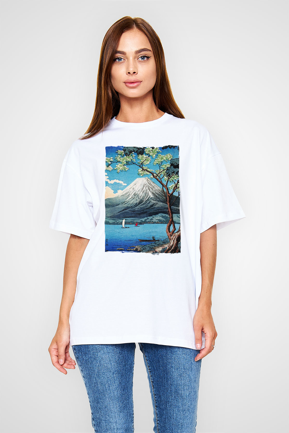 Fuji Dağı Beyaz Oversize Tişört Oversize T-shirt - TişörtFabrikası