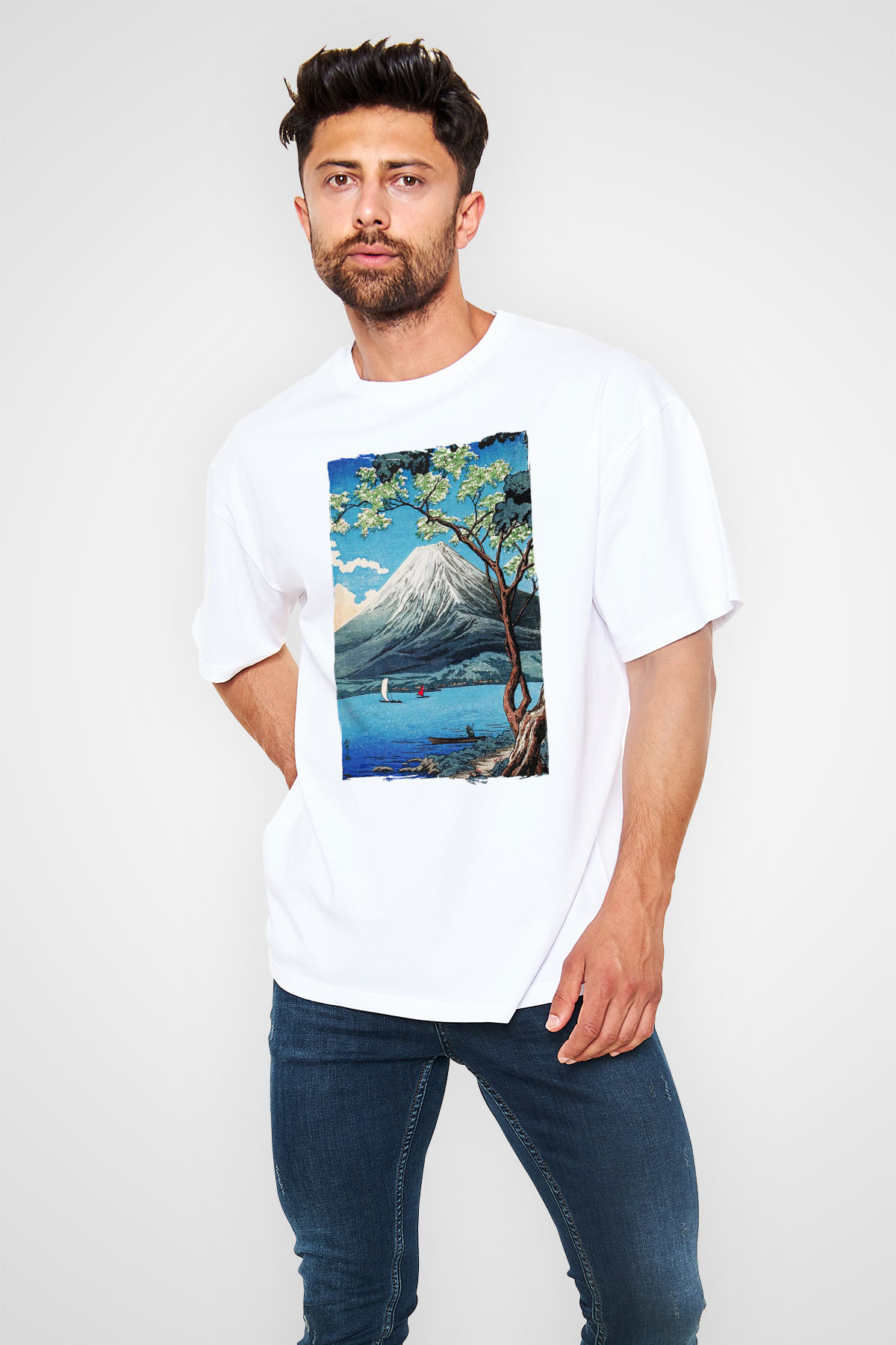 Fuji Dağı Beyaz Oversize Tişört Oversize T-shirt - TişörtFabrikası