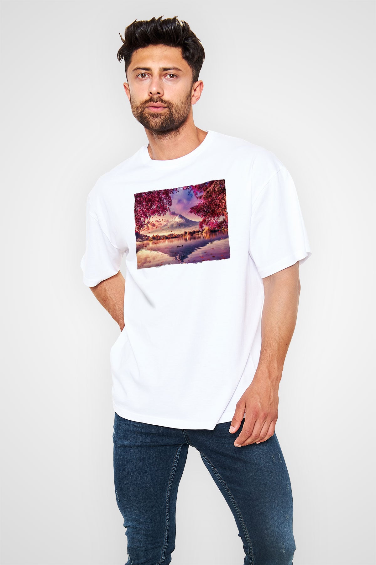 Fuji Dağı Beyaz Oversize Tişört Oversize T-shirt - TişörtFabrikası