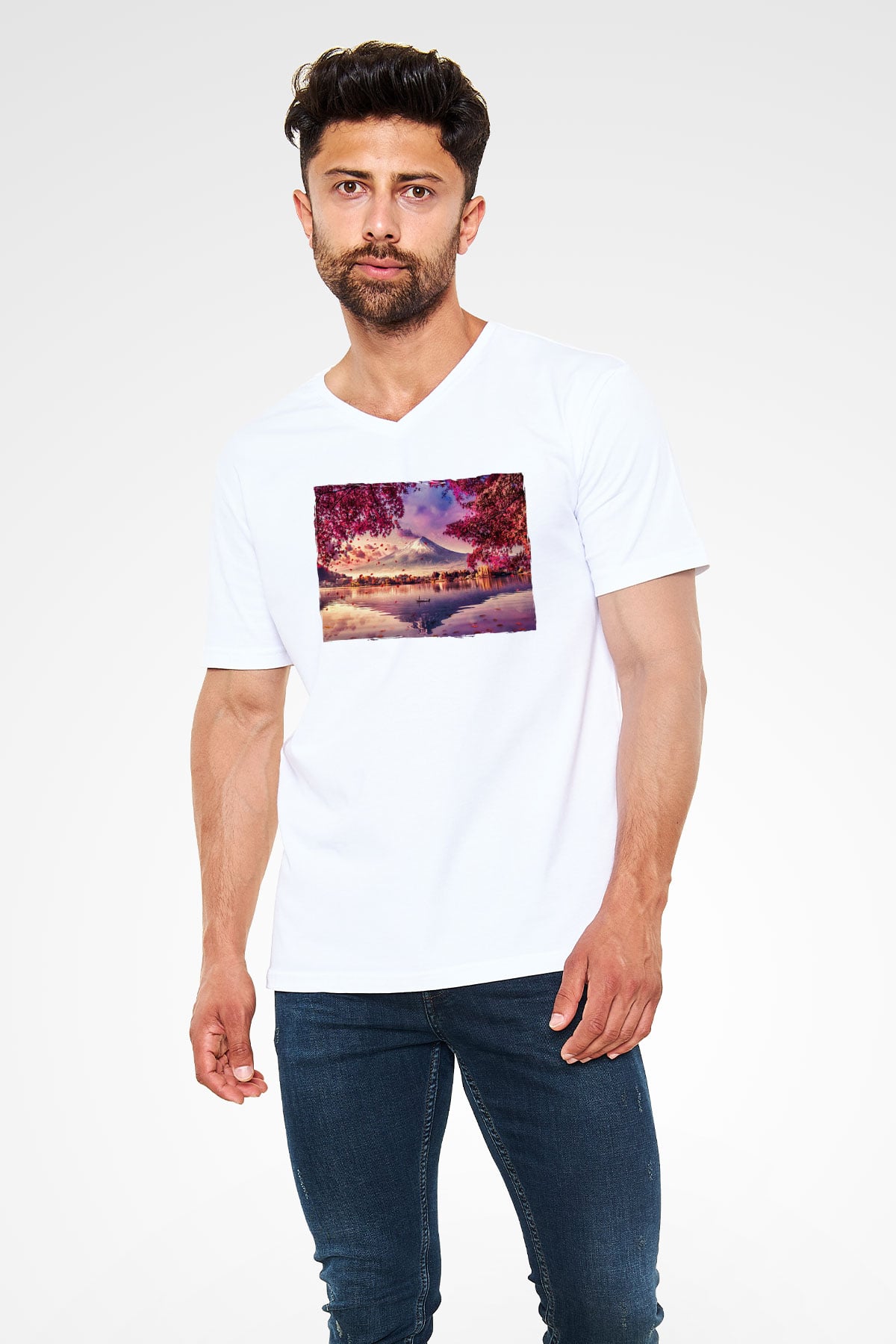 Fuji Dağı Beyaz Unisex V Yaka Tişört