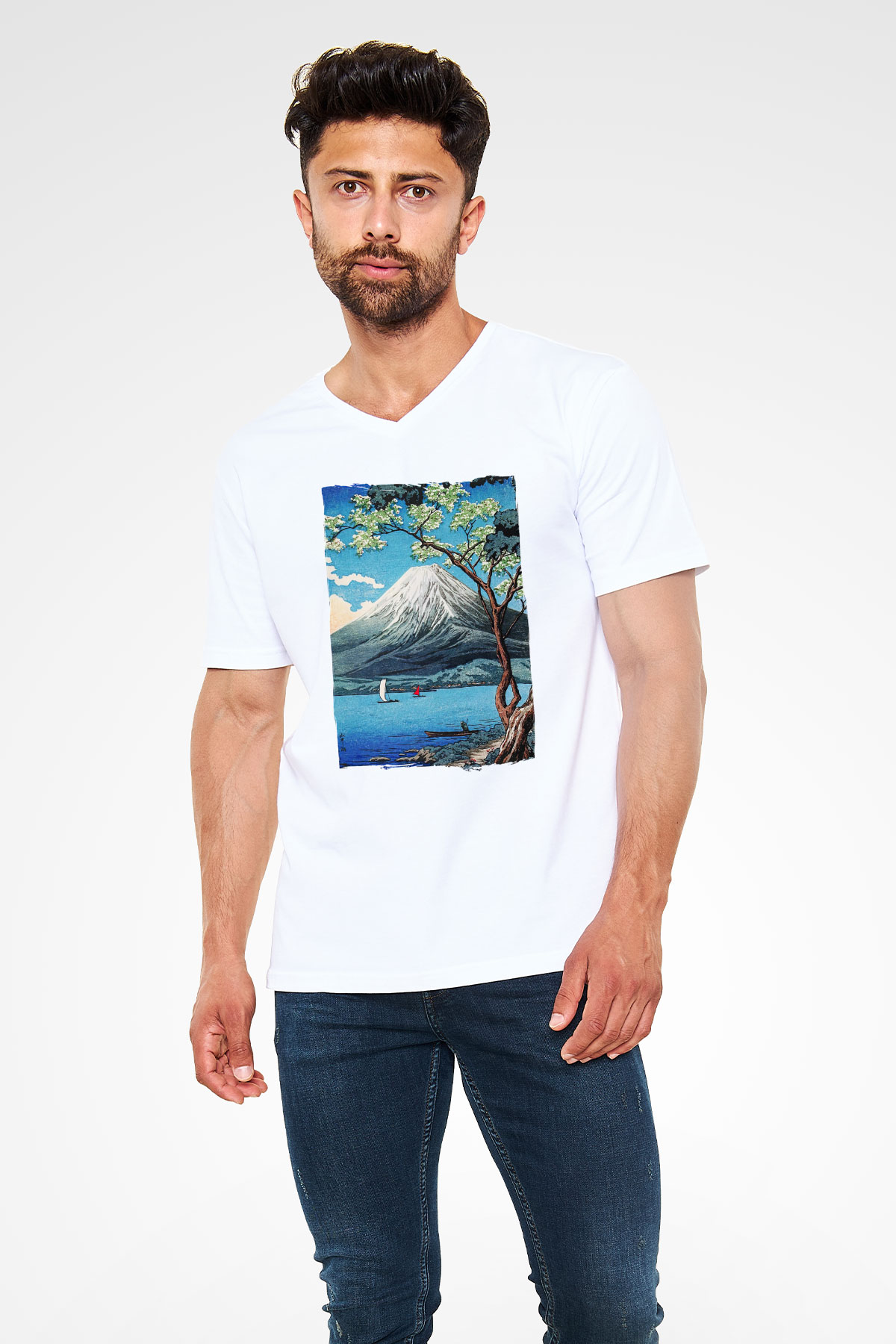 Fuji Dağı Beyaz Unisex V Yaka Tişört