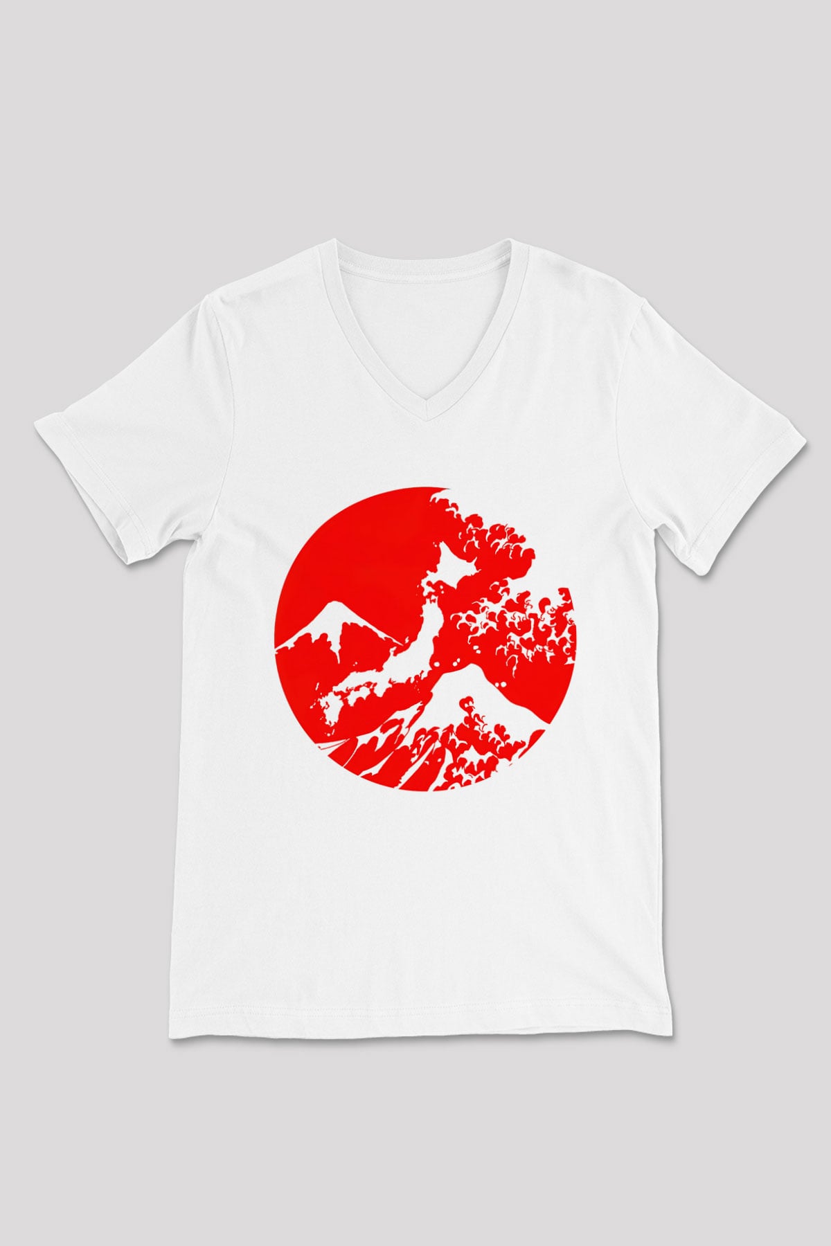 Fuji Dağı Beyaz Unisex V Yaka Tişört T-Shirt