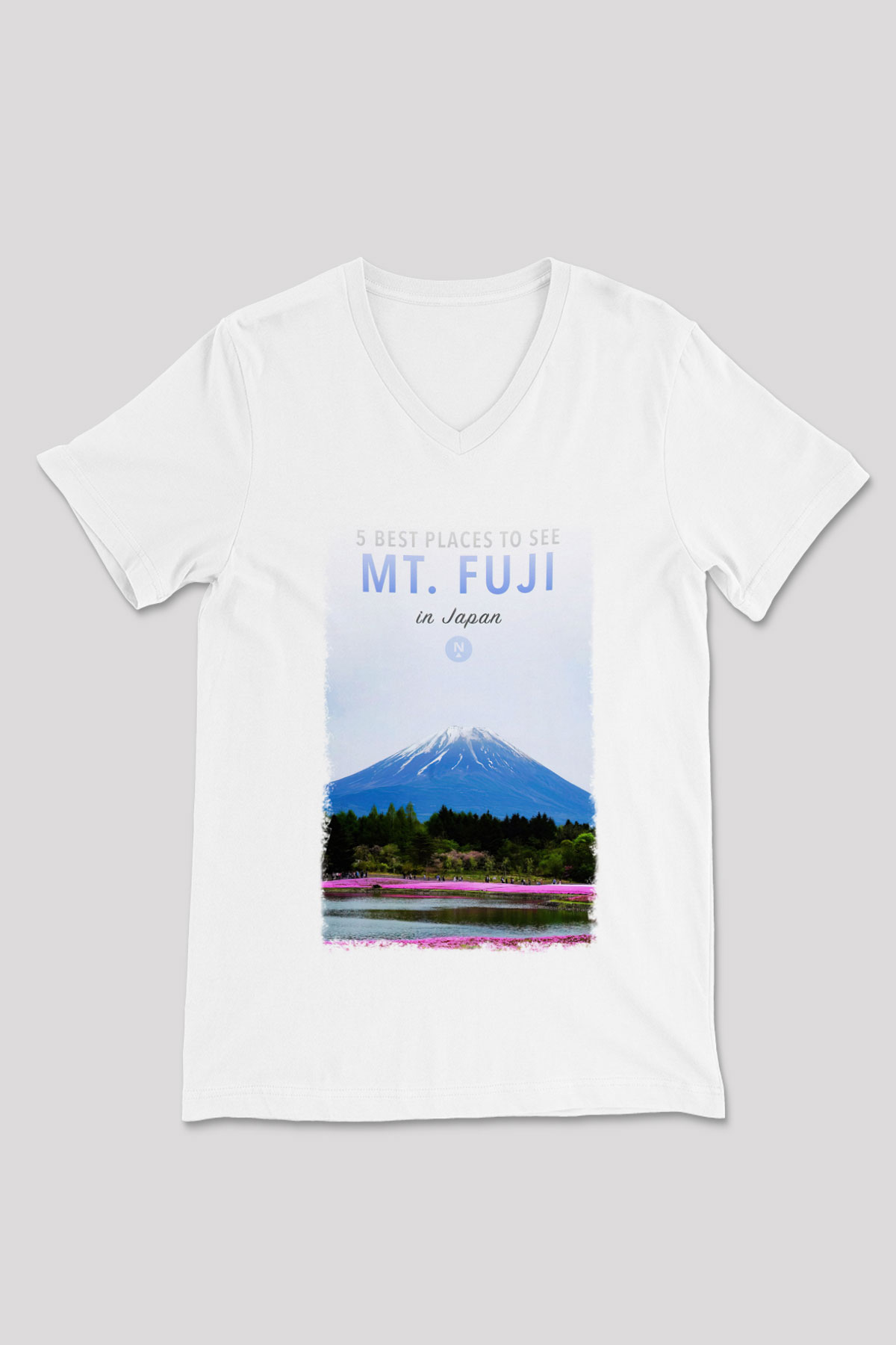 Fuji Dağı Beyaz Unisex V Yaka Tişört T-Shirt