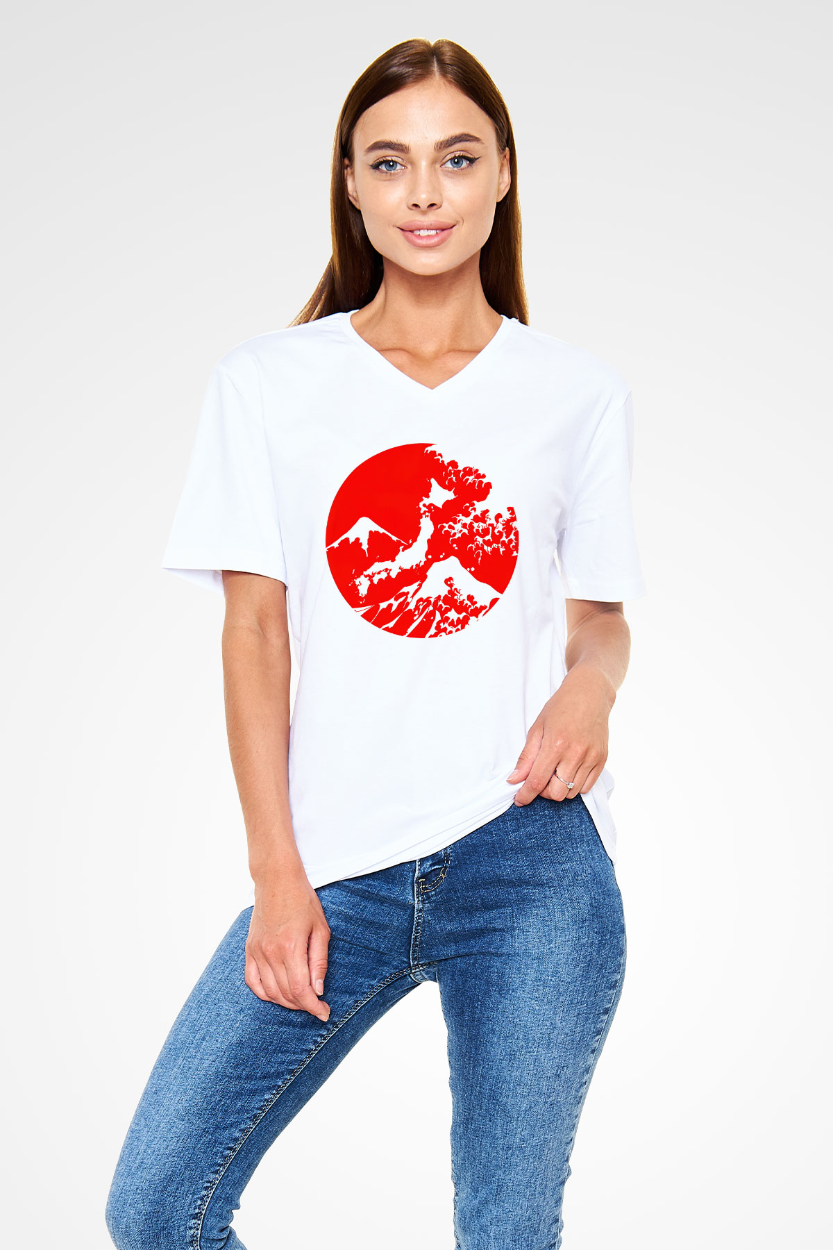 Fuji Dağı Beyaz Unisex V Yaka Tişört T-Shirt