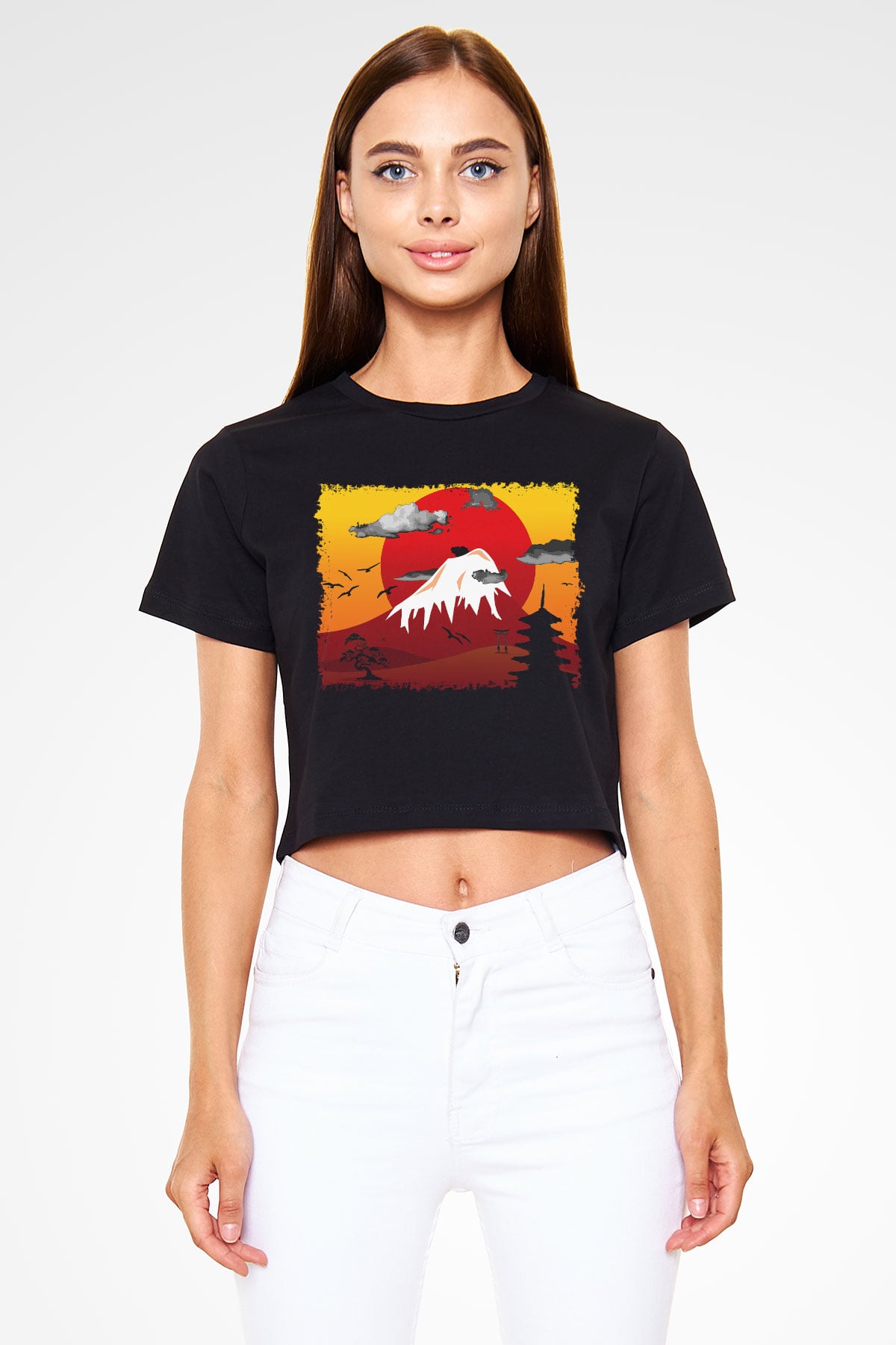 Fuji Dağı Siyah Crop Top Tişört