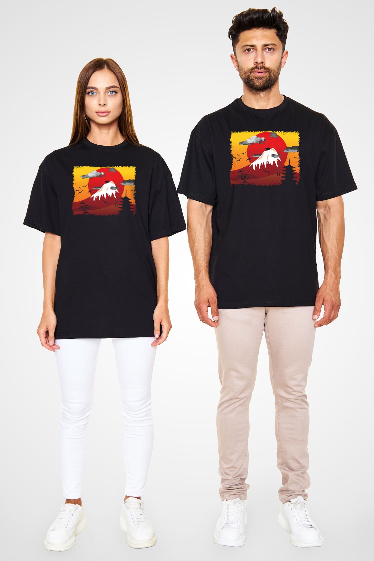 Fuji Dağı Siyah Unisex Oversize Tişört T-Shirt