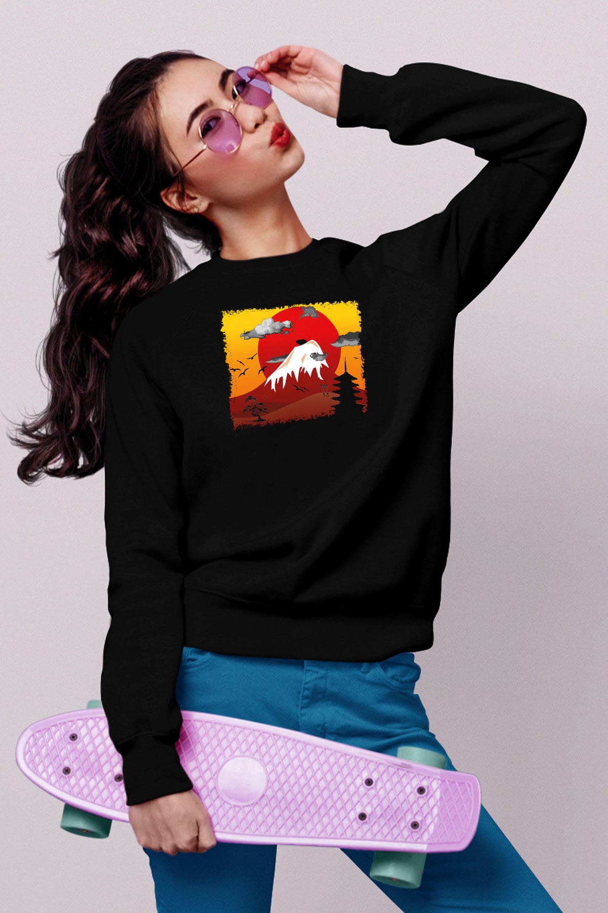 Fuji Dağı Siyah Unisex Sweatshirt