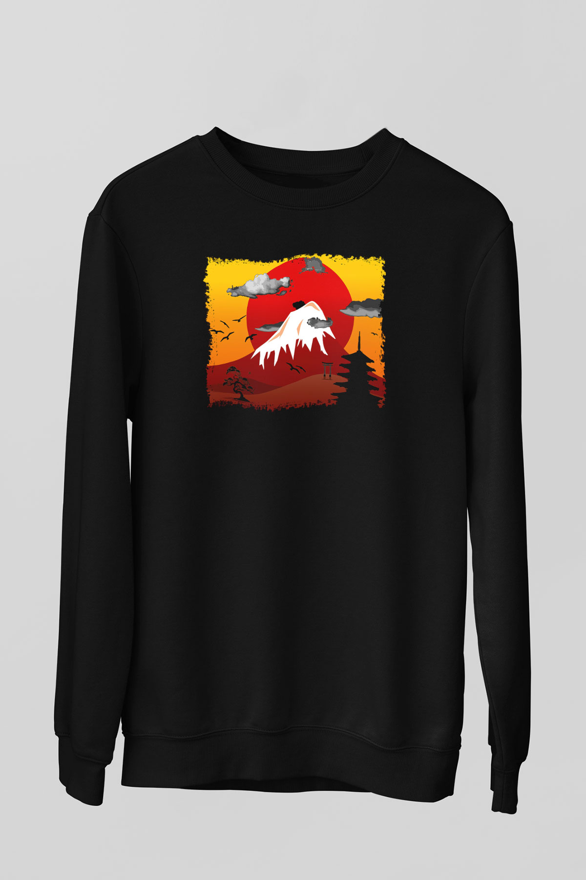 Fuji Dağı Siyah Unisex Sweatshirt
