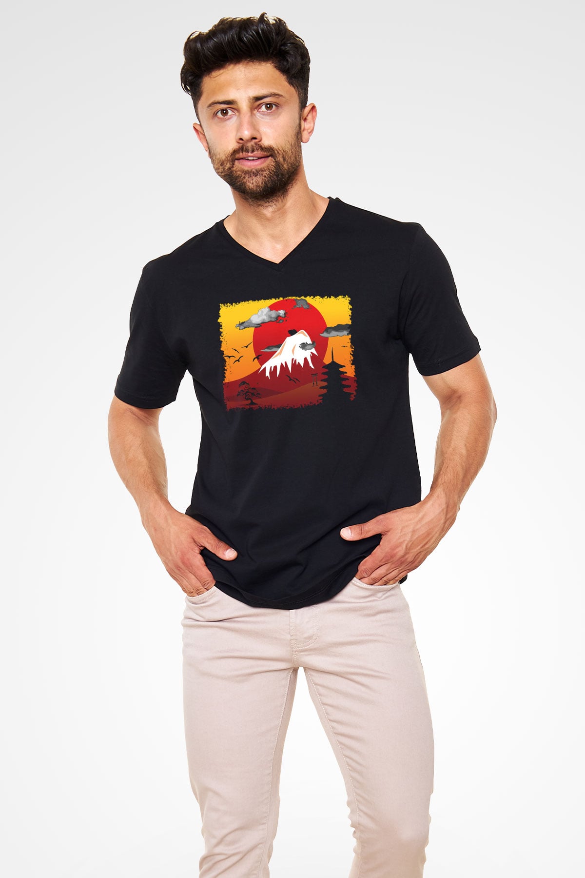 Fuji Dağı Siyah Unisex V Yaka Tişört T-Shirt