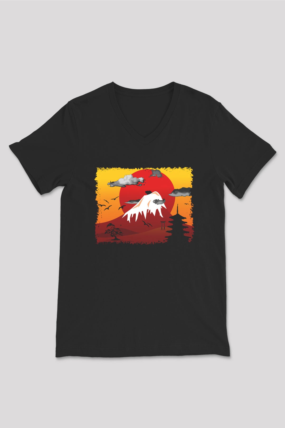 Fuji Dağı Siyah Unisex V Yaka Tişört T-Shirt