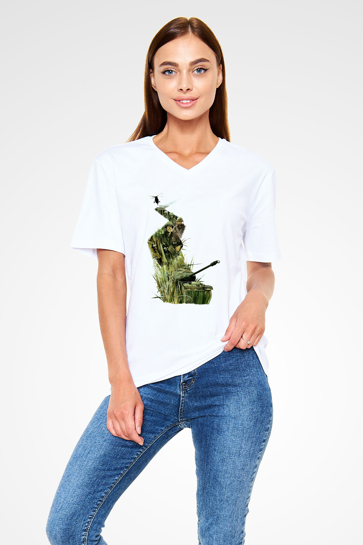 Full Metal Jacket Baskılı Beyaz Unisex V Yaka Tişört