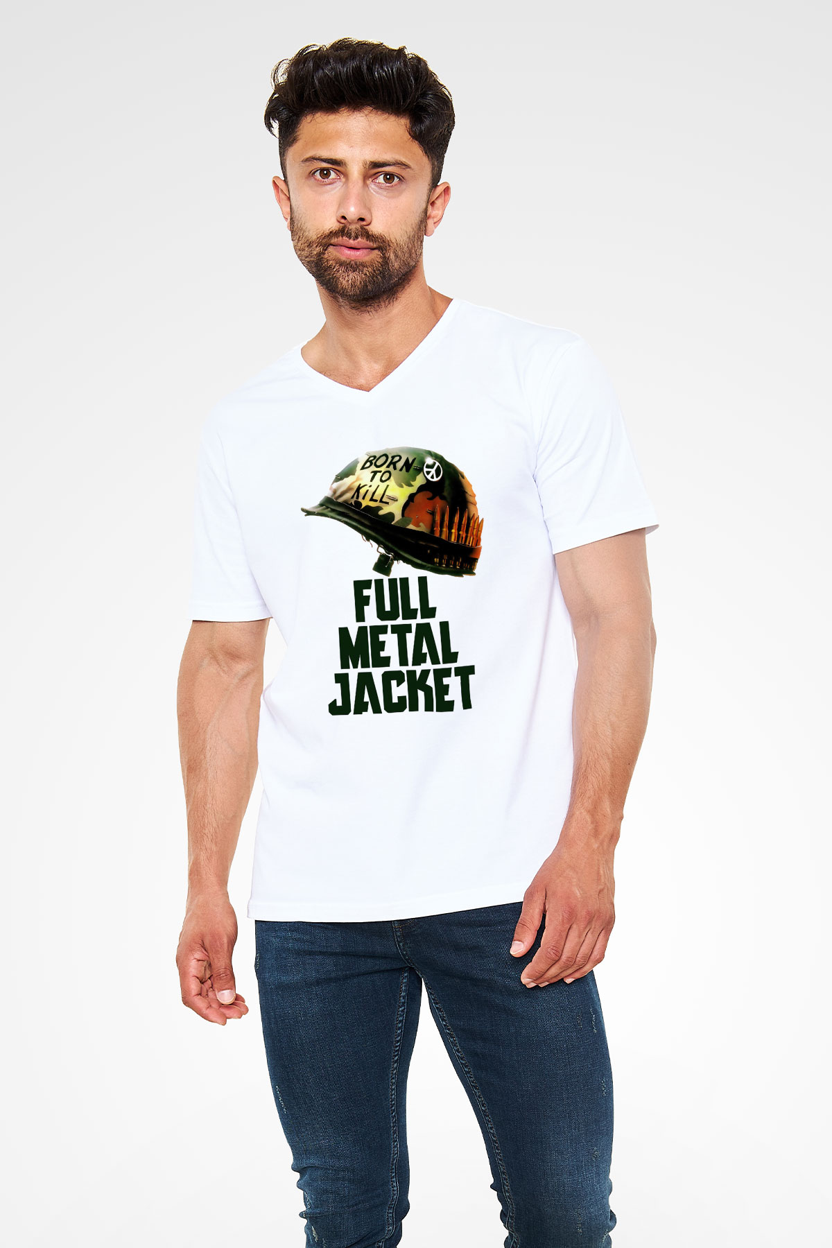 Full Metal Jacket Beyaz Unisex V Yaka Tişört T-Shirt
