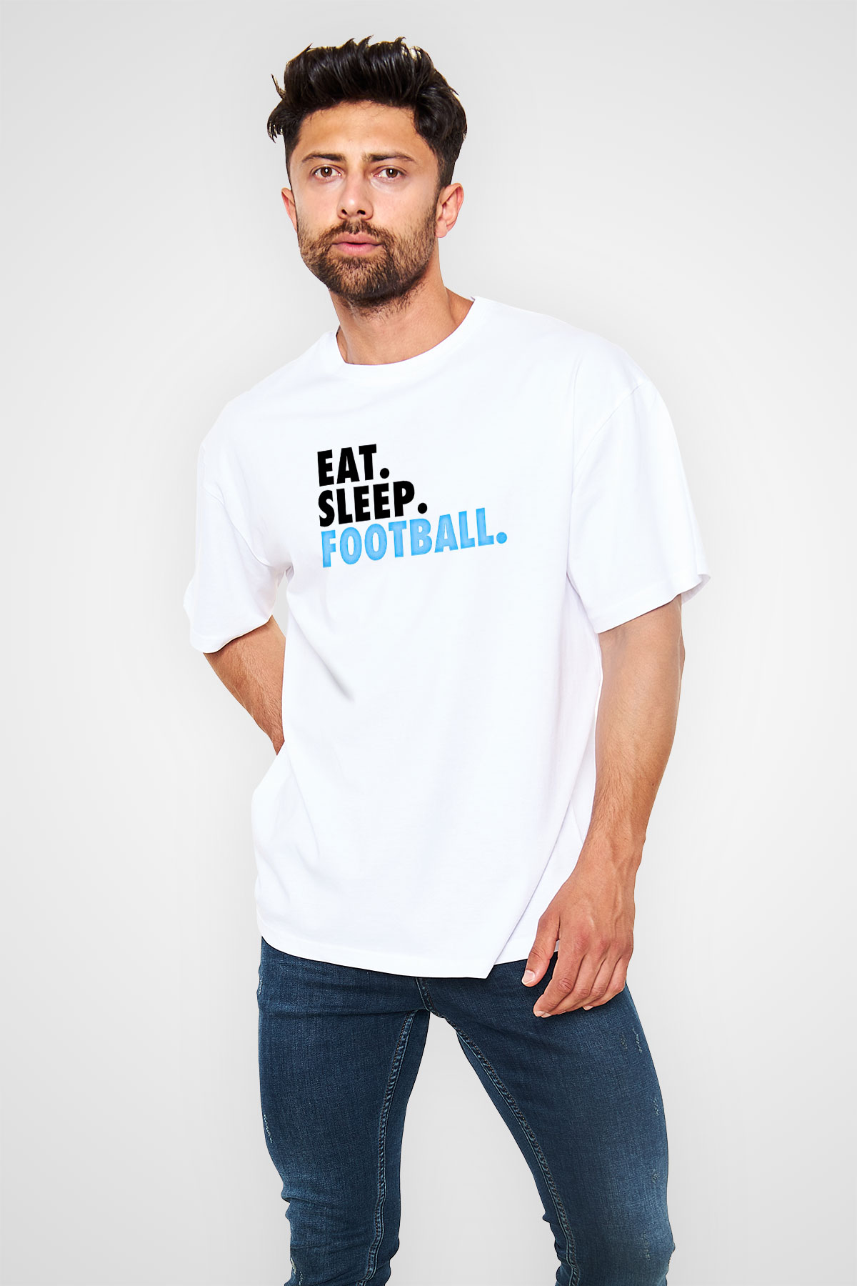 Futbol Baskılı Unisex Beyaz Oversize Tişört - Tshirt