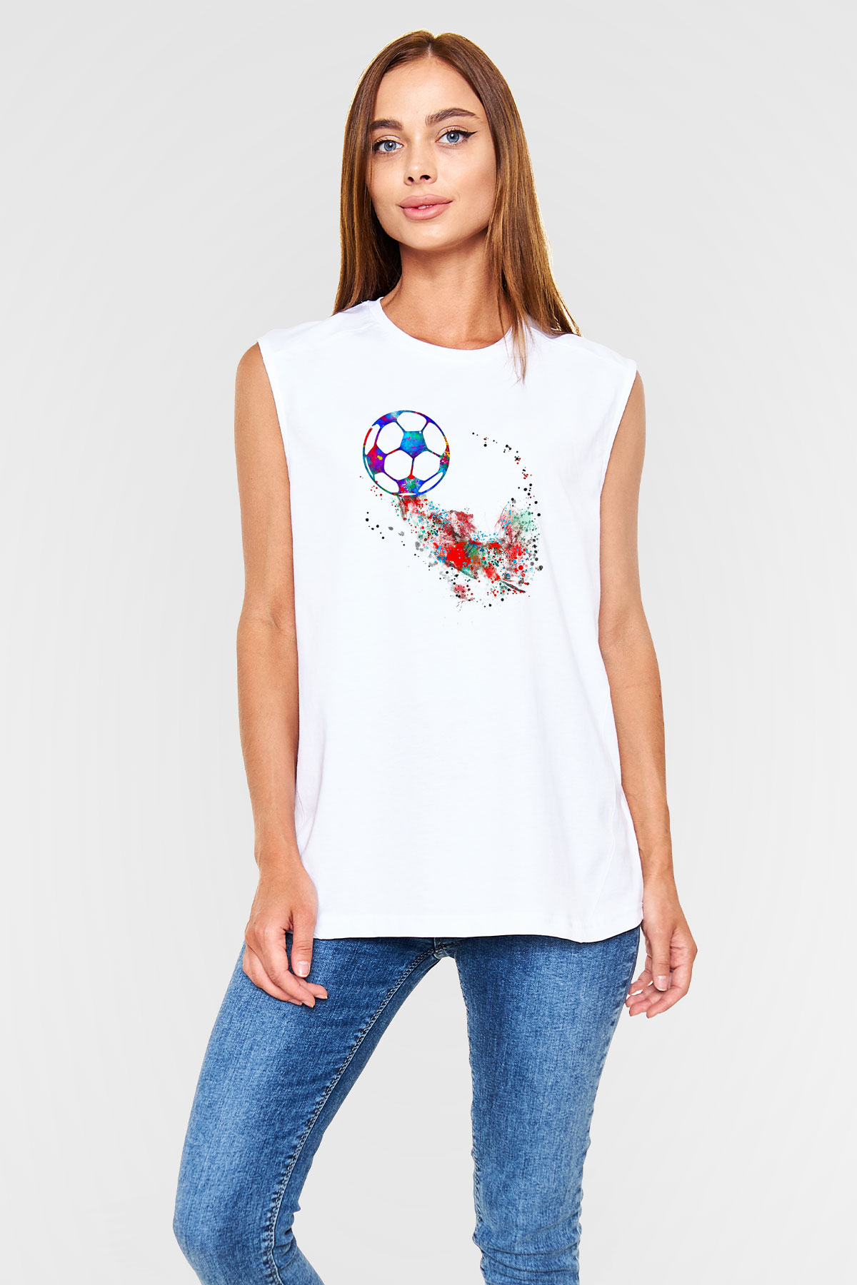 Futbol Baskılı Unisex Kolsuz Beyaz Tişört