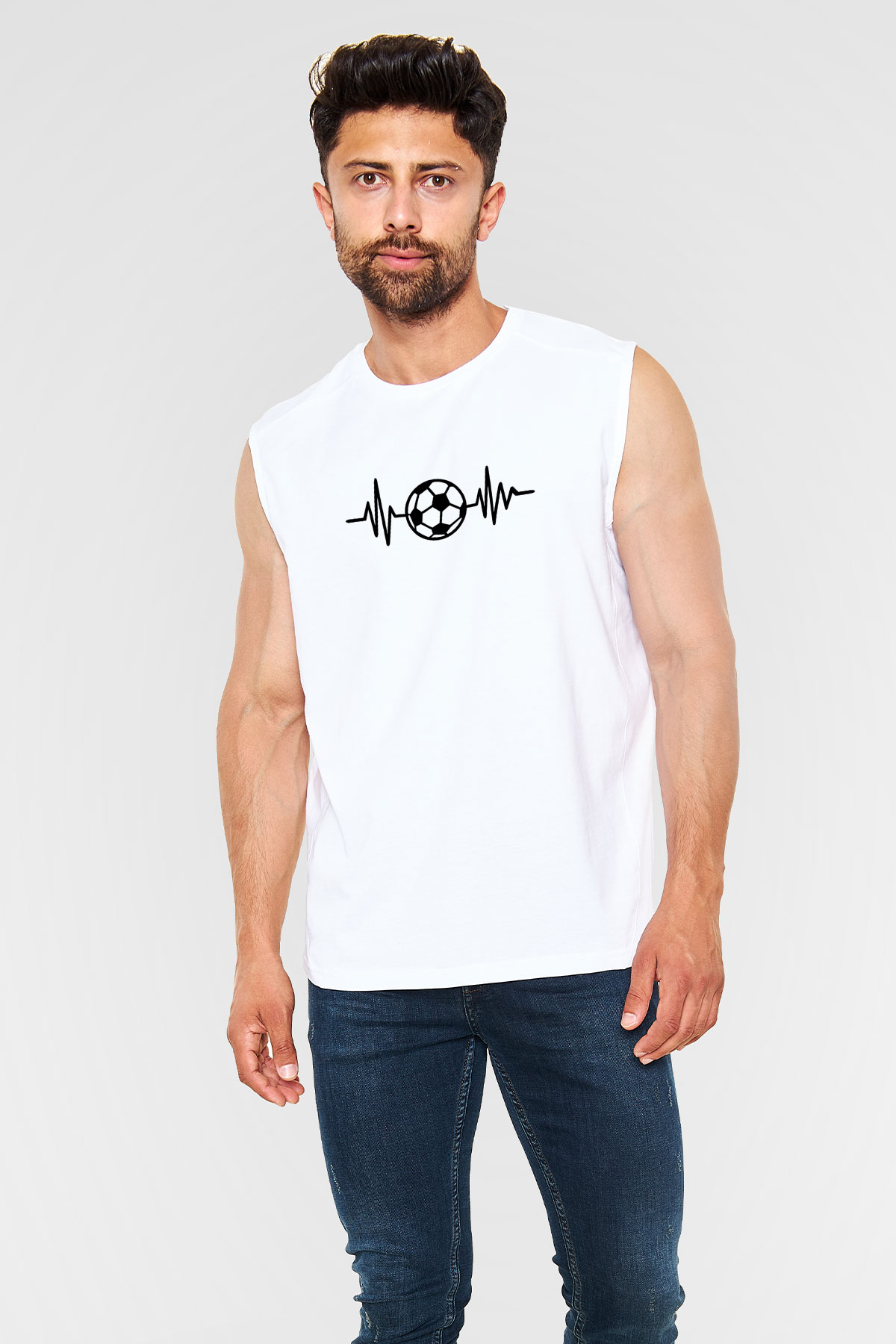 Futbol Baskılı Unisex Kolsuz Beyaz Tişört