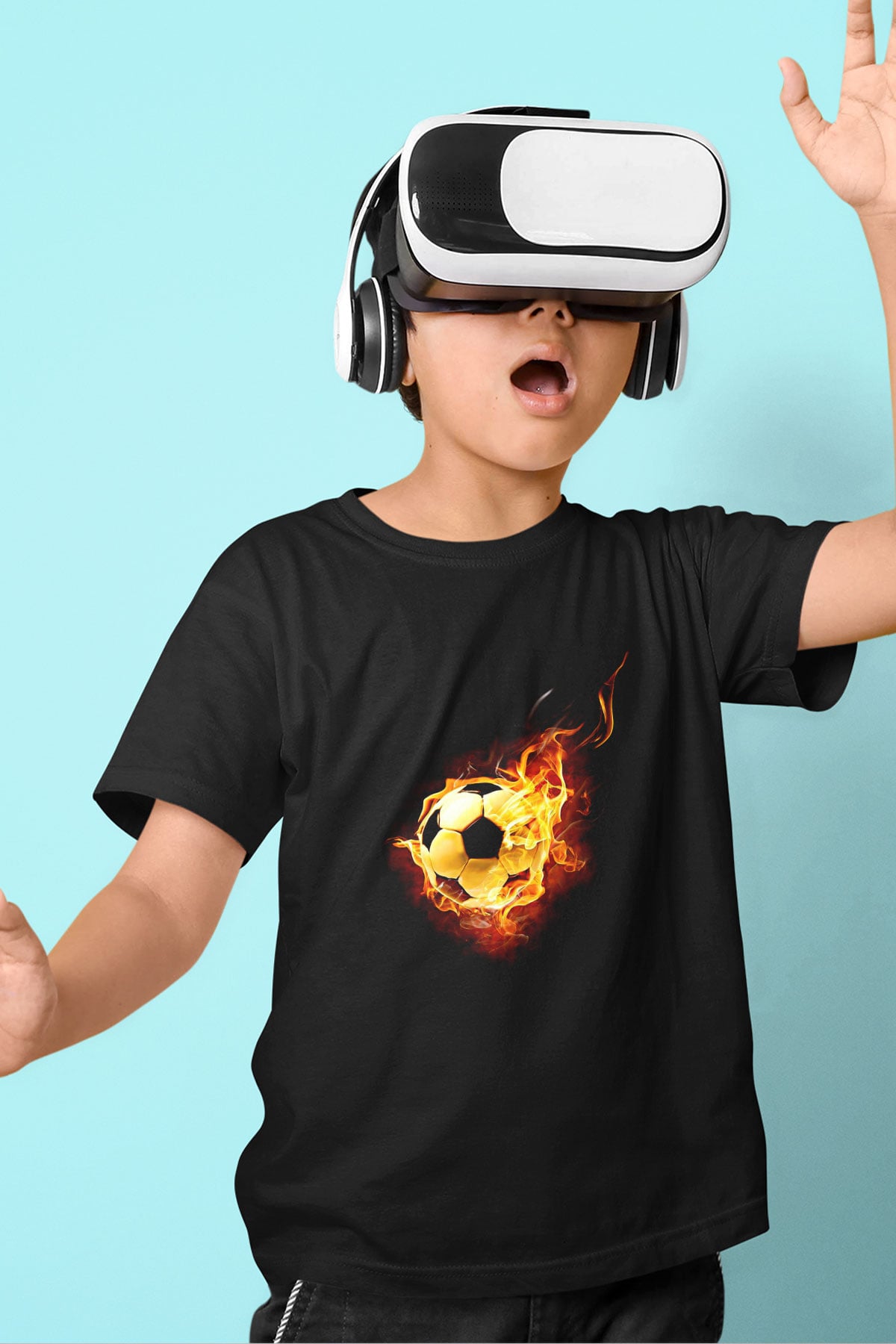 Futbol - Football Baskılı Unisex Siyah Çocuk Tİşörtü - Tshirt