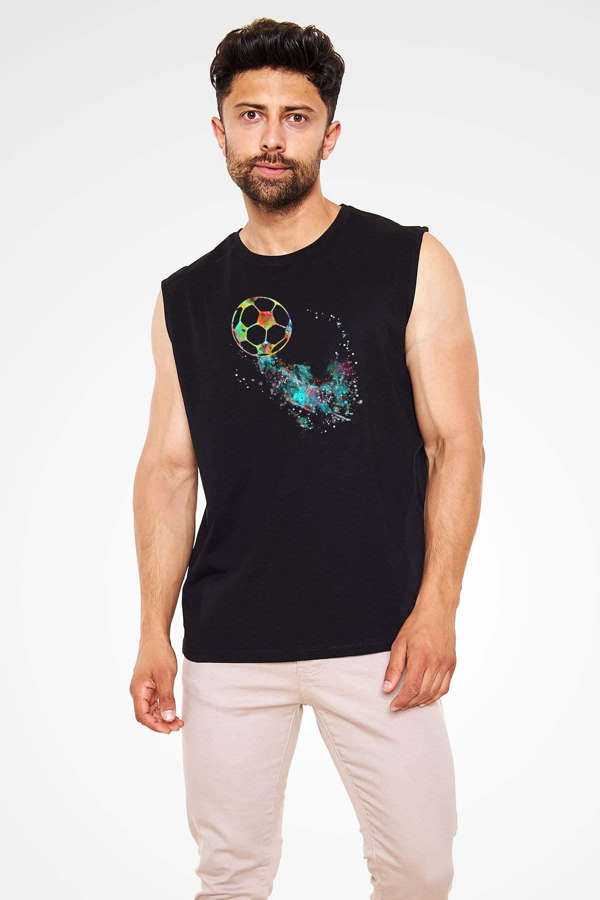 Futbol - Football Baskılı Unisex Siyah Kolsuz Tişört