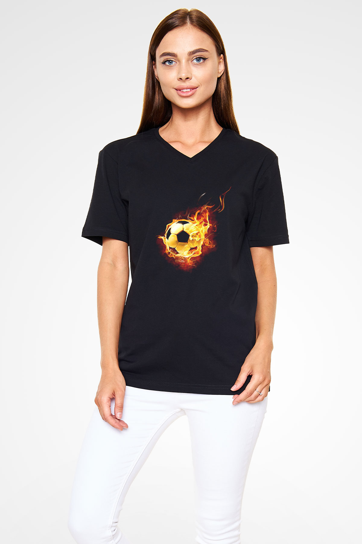 Futbol - Football Baskılı Unisex Siyah V Yaka Tişört