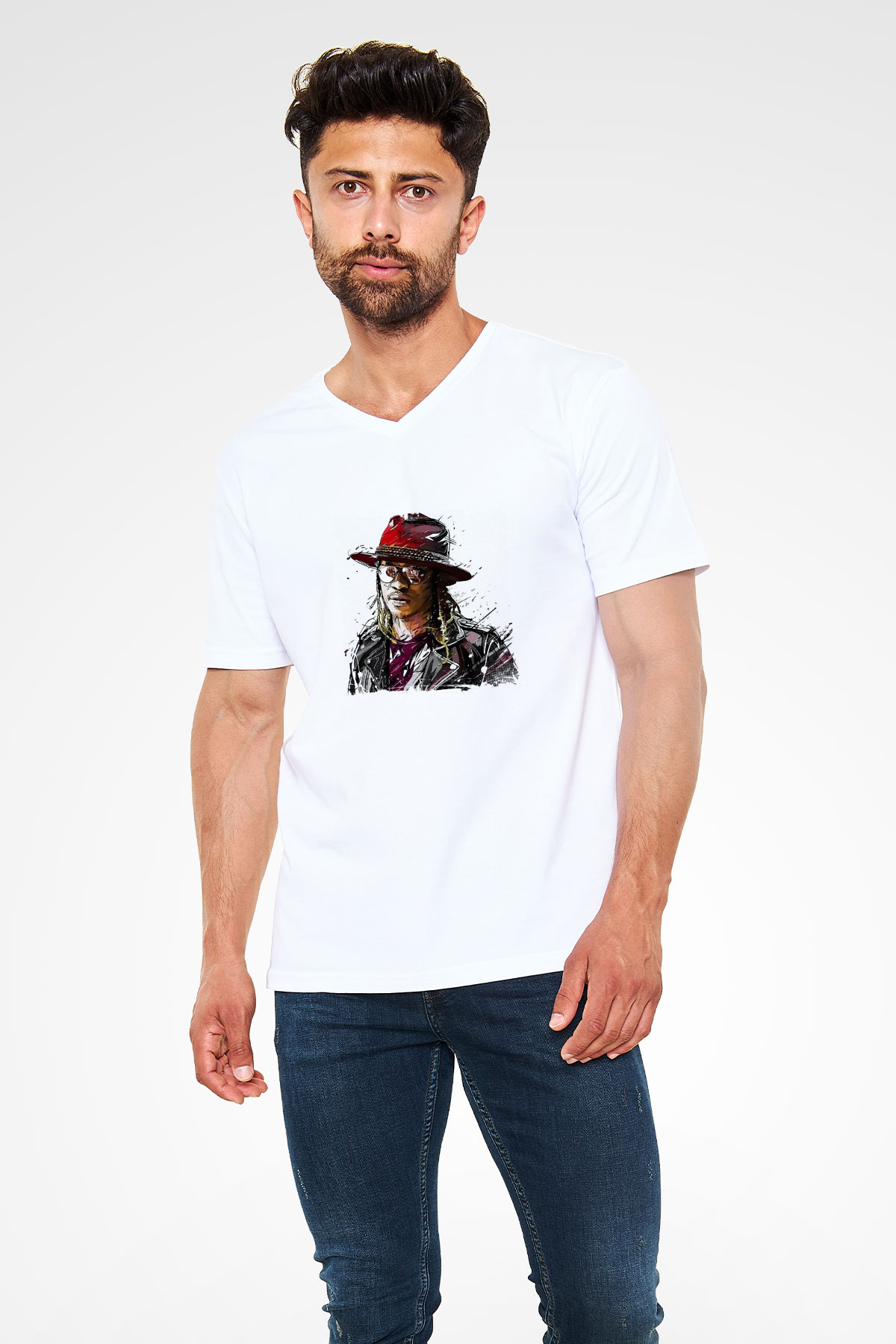 Future Baskılı Beyaz V Yaka Unisex Tişört