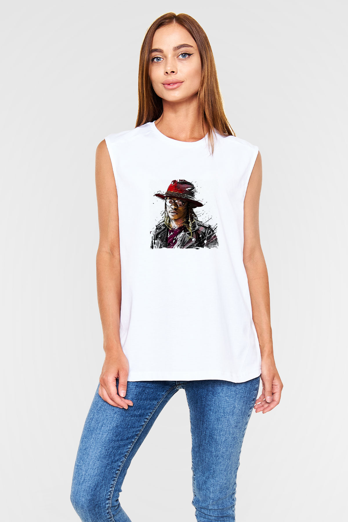 Future Baskılı Unisex Beyaz Kolsuz Tişört
