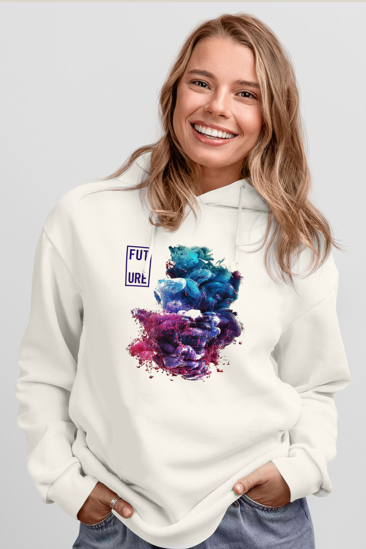 Future Beyaz Unisex Kapşonlu Sweatshirt