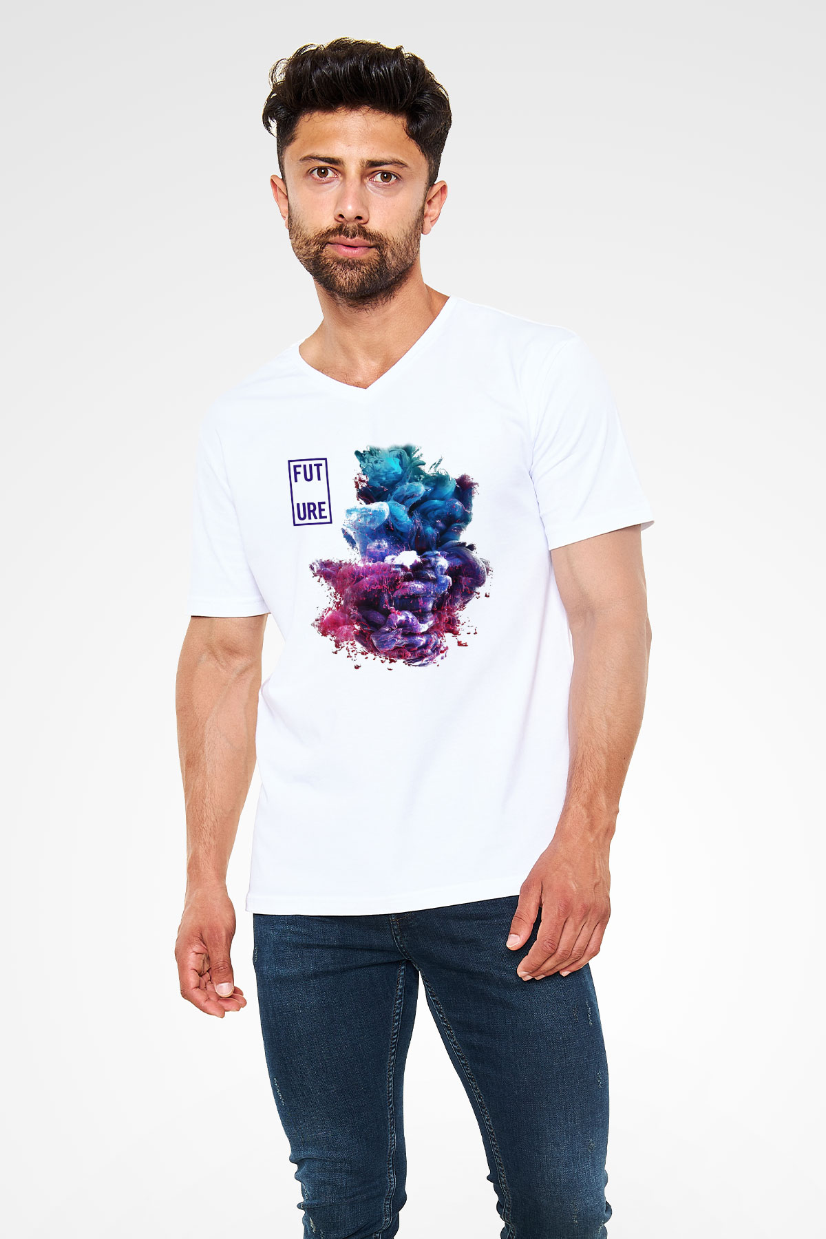 Future Beyaz Unisex V Yaka Tişört T-Shirt