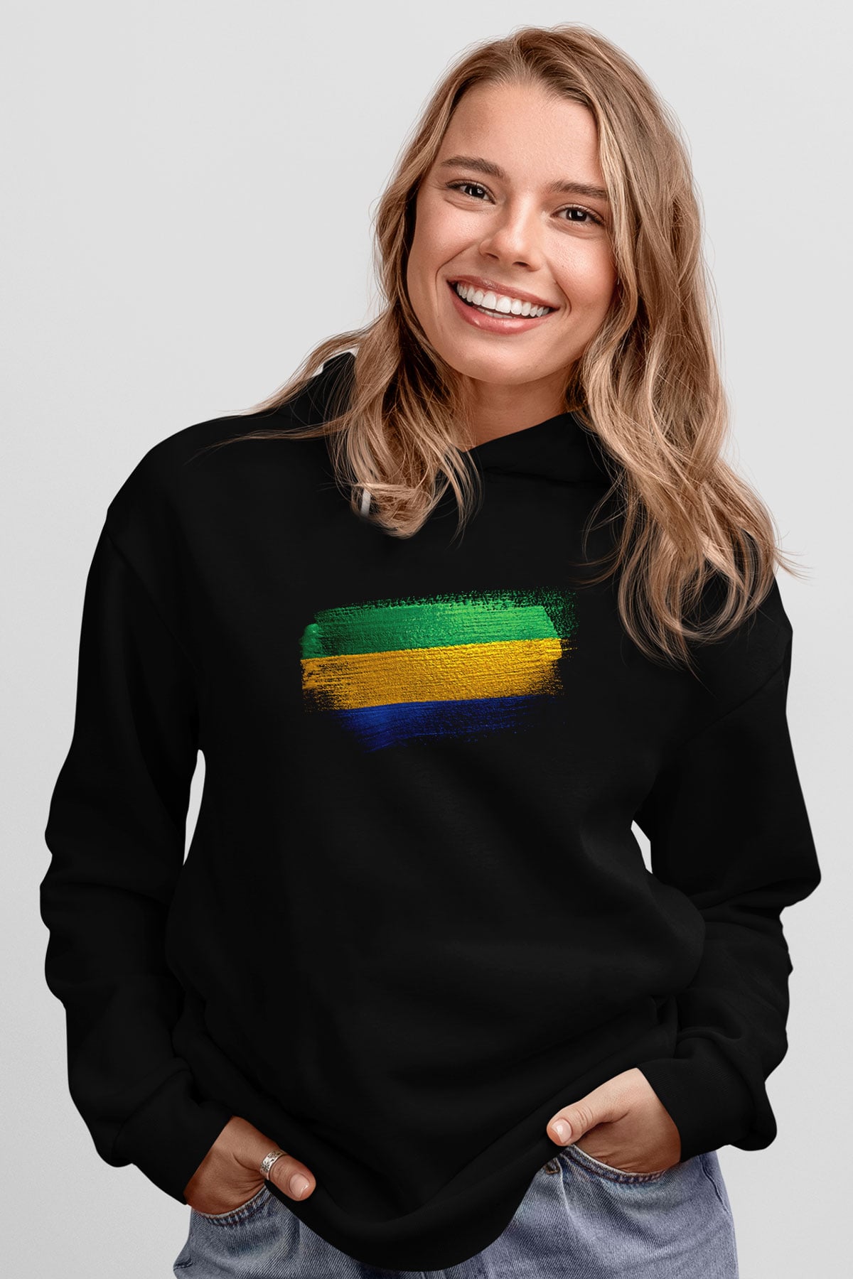 Gabon Bayrağı Baskılı Unisex Siyah Hoodie