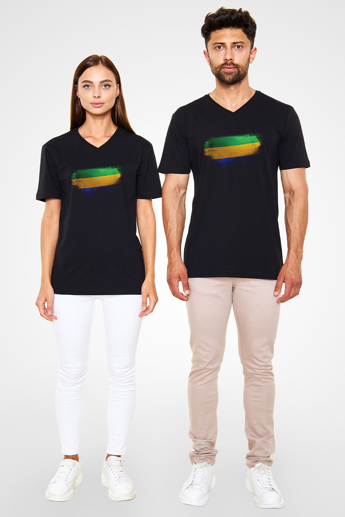 Gabon Bayrağı Baskılı Unisex Siyah V Yaka Tişört