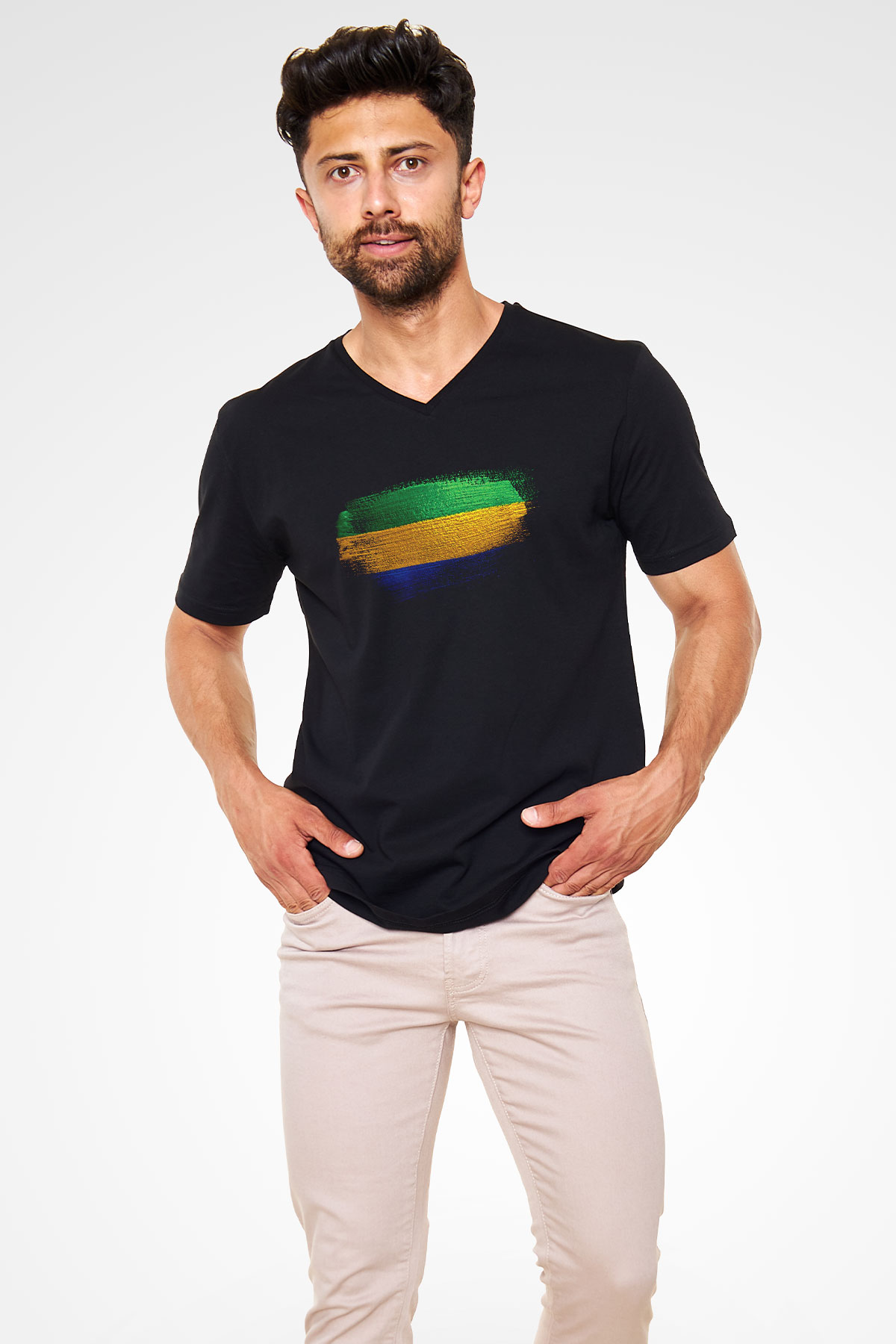 Gabon Bayrağı Baskılı Unisex Siyah V Yaka Tişört