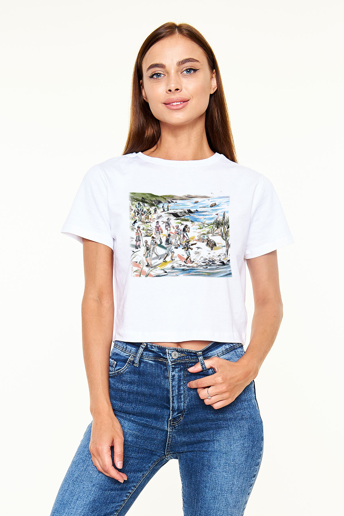Galapagos Adaları Beyaz Croptop Tişört