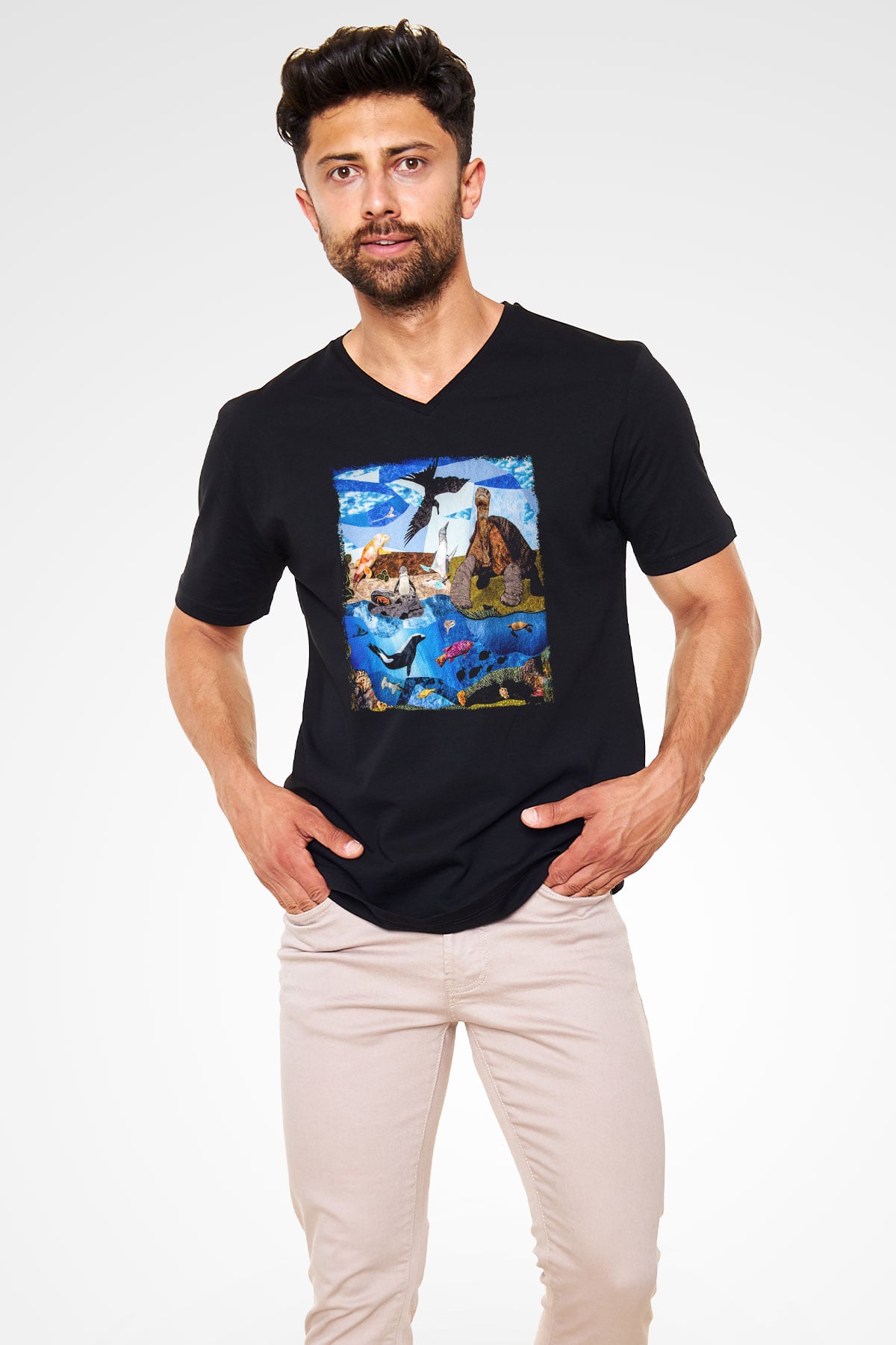 Galapagos Adaları Siyah Unisex V Yaka Tişört T-Shirt